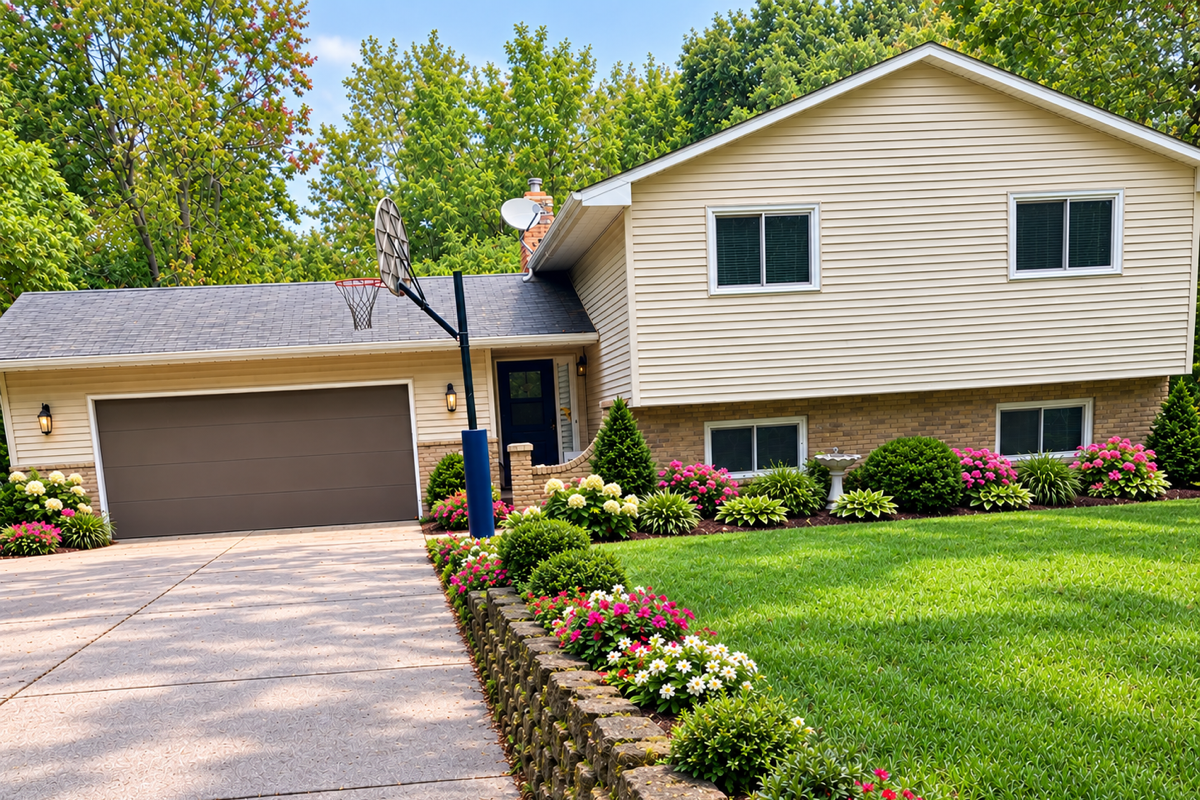 A suburban house with a manicured lawn, colorful flower beds, a driveway with a basketball hoop, and a two-story beige house surrounded by trees.