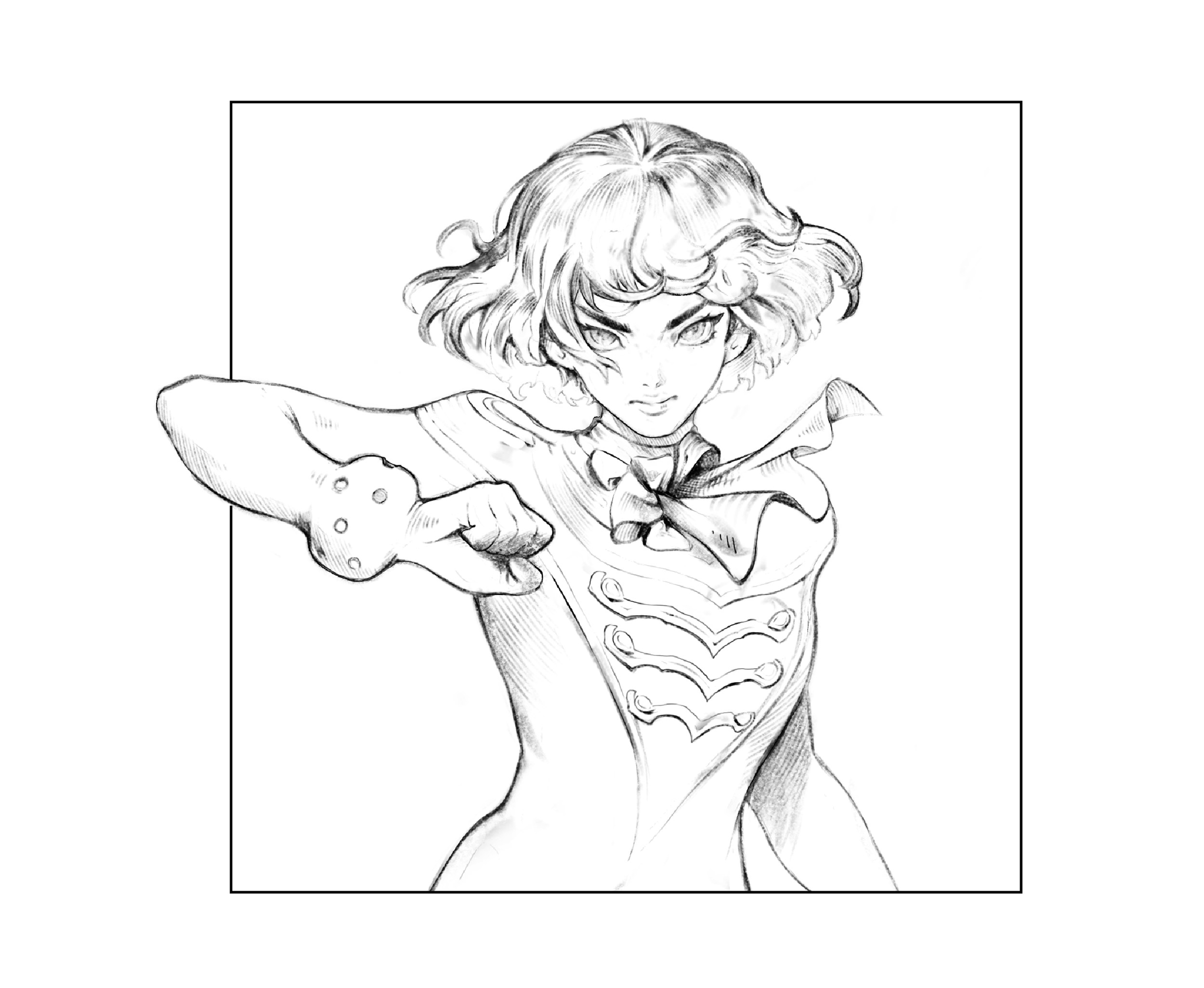 Black and white sketch of a confident woman with short, wavy hair, arm extended forward, wearing a superhero costume with a large emblem on her chest and a flowing cape.