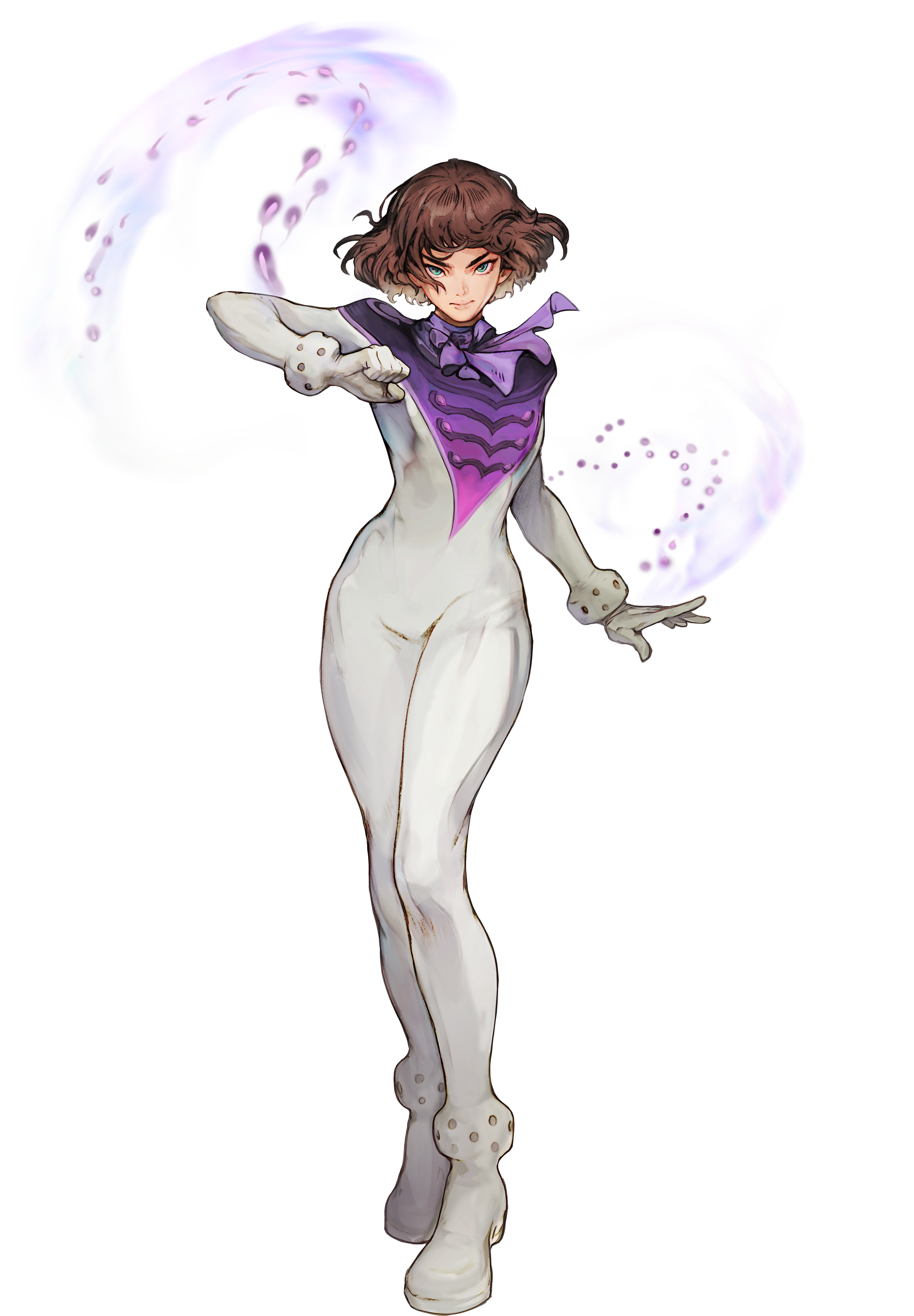 Illustration of a young woman with short brown hair, wearing a purple and white outfit with a high collar, and long white gloves, surrounded by swirling purple and blue energy or water.