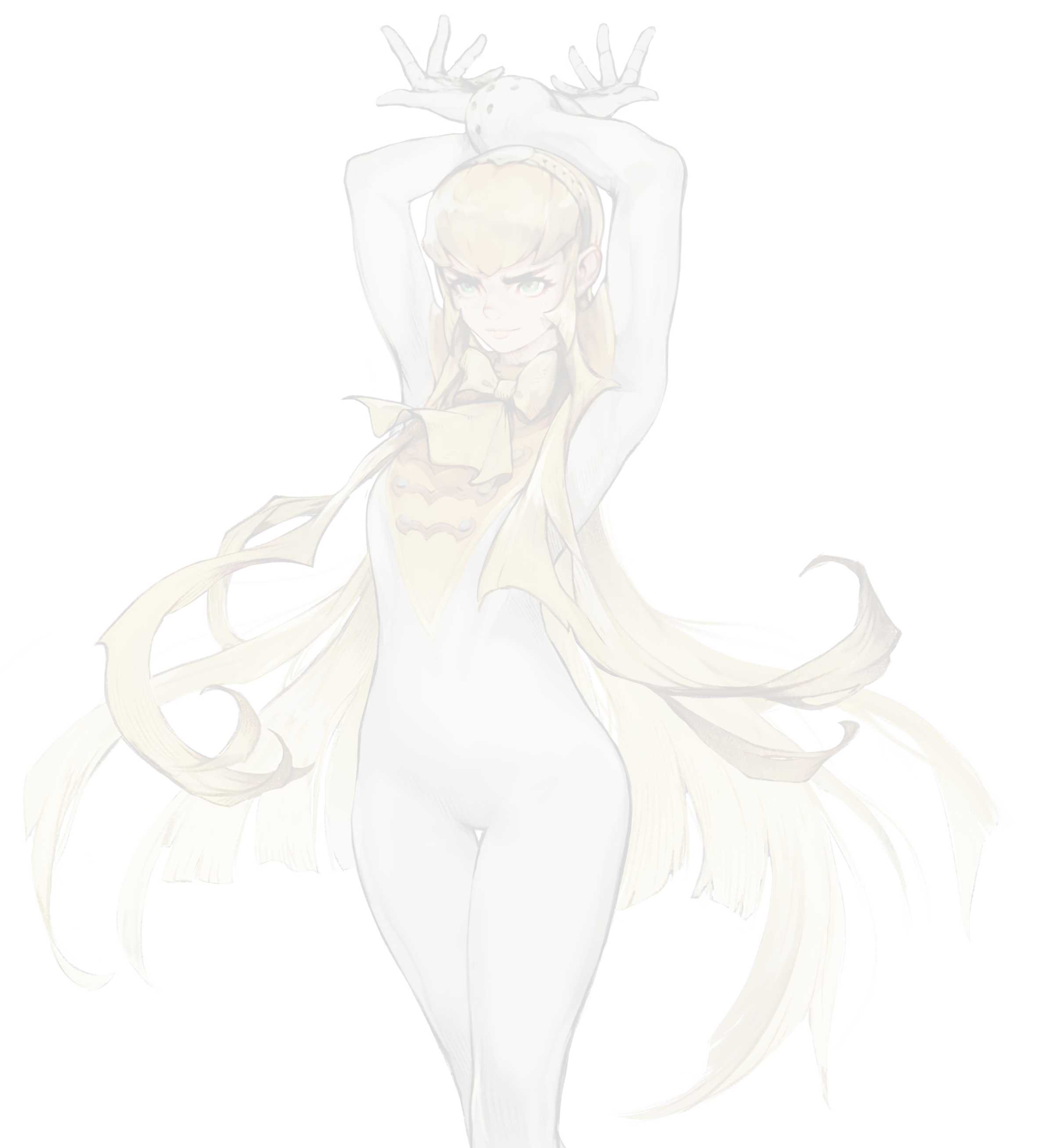 A stylized illustration of a female character with long flowing blonde hair, green eyes, and a confident expression, wearing a yellow and white outfit with a ribbon, with hands raised above her head.
