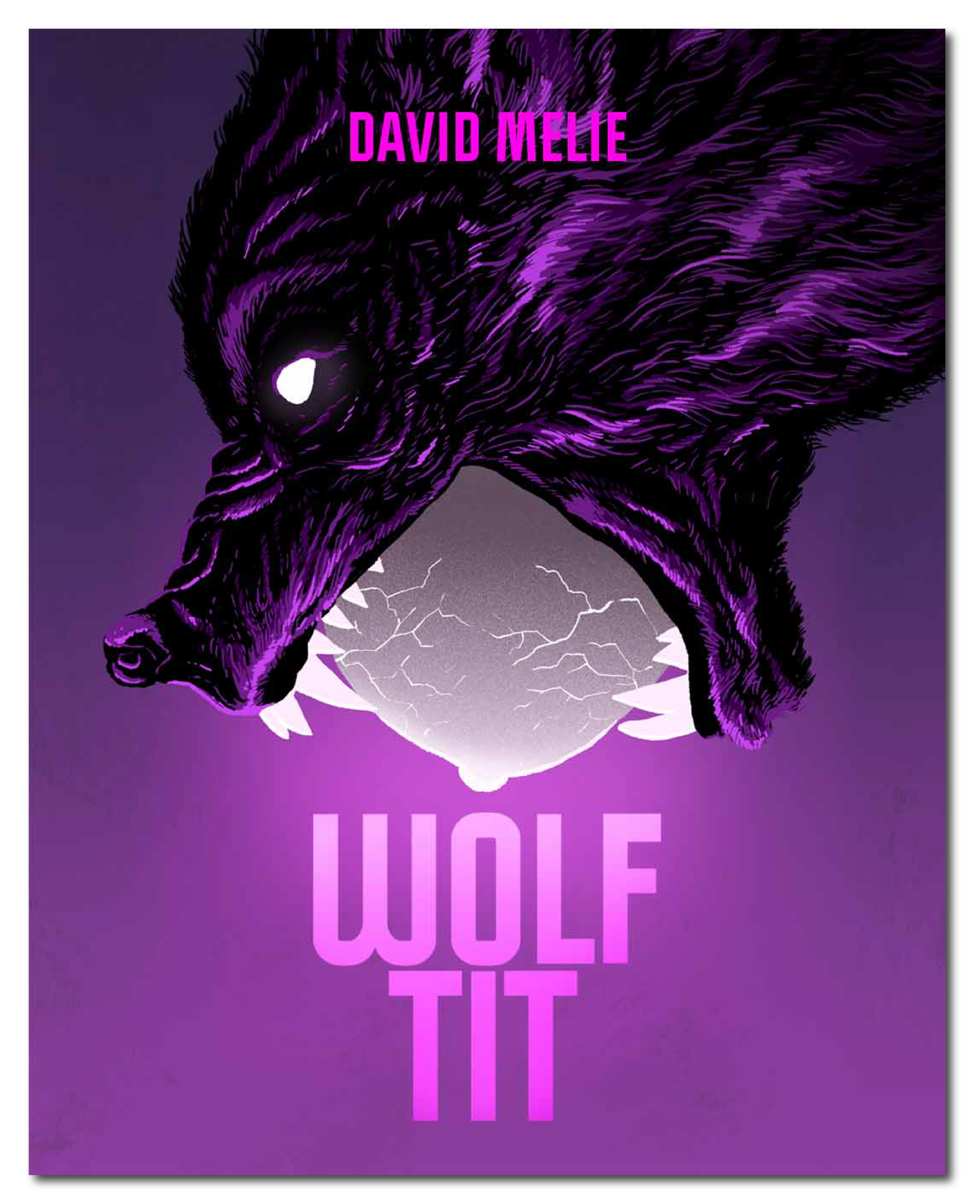 Stylized illustration of a wolf's head in purple and black with the name 'David Melie' in bold pink letters at the top. The background is dark purple with lightning at the bottom and the word 'WOLF' repeated in light pink at the bottom.