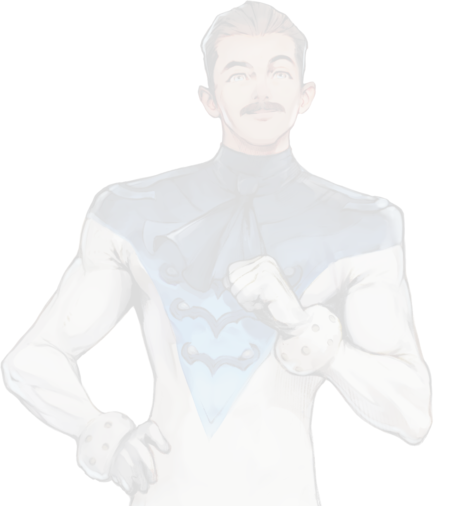 Cartoon illustration of a man with brown hair, a mustache, blue eyes, wearing a white tuxedo with a blue Batman emblem on the vest, holding a cookie in his right hand, and posing with a confident smile.