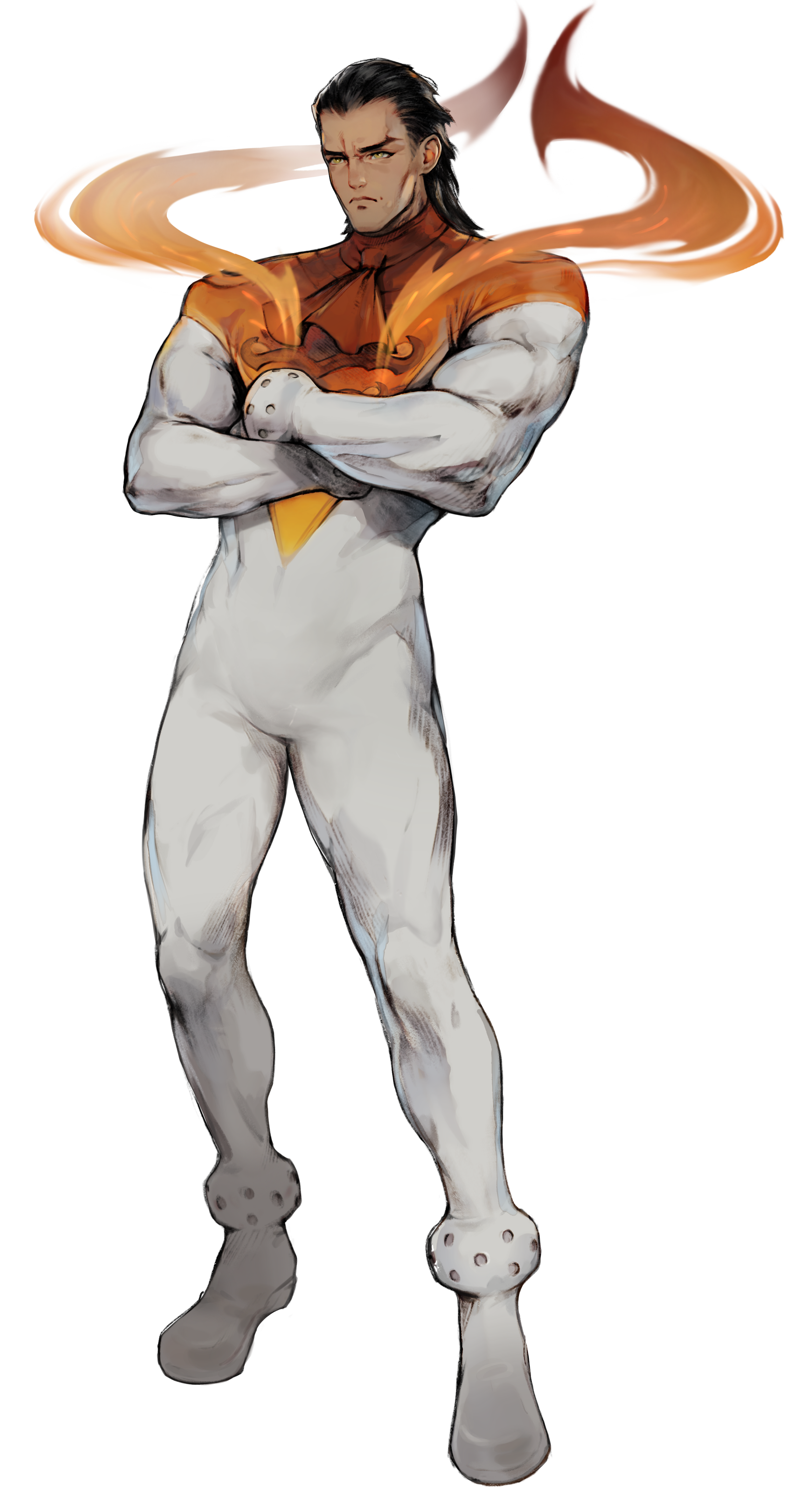 A fictional character with humanoid features, including a muscular build, standing with arms crossed. The character has long dark hair, yellow eyes, and small horns on the forehead. They are wearing a red and white outfit, with a fiery, flame-like effect emanating from the shoulders and chest area, and horse-like feet.