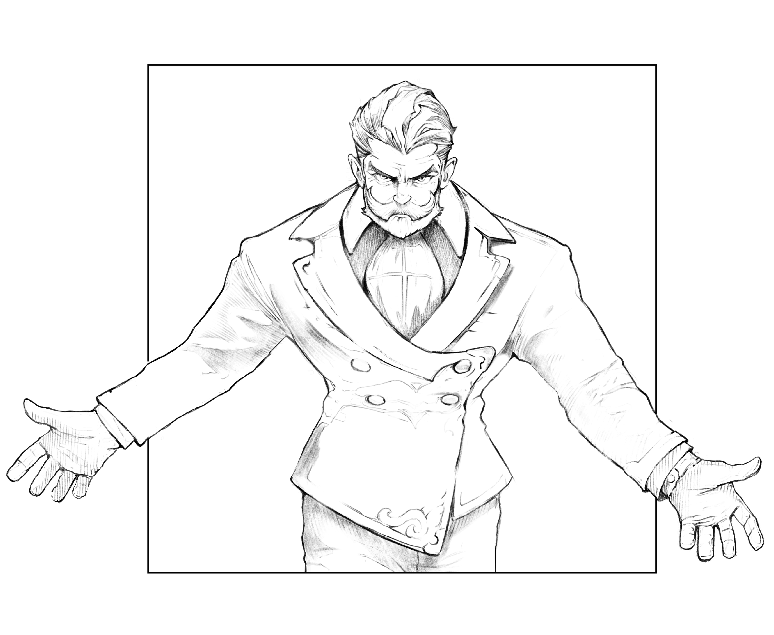 A black and white comic-style drawing of a stern man with a beard and mustache, wearing a suit and tie, with his arms outstretched on either side of a large table, viewed from slightly below.
