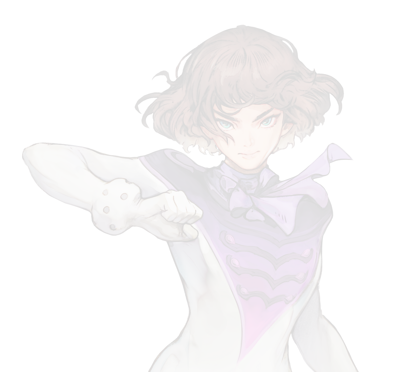 A young woman with wavy brown hair and piercing blue eyes dressed in a purple and white superhero costume with a cape and glove, striking a dynamic pose.
