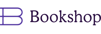 Logo of a bookshop with an abstract book icon and the word 'Bookshop' in purple.