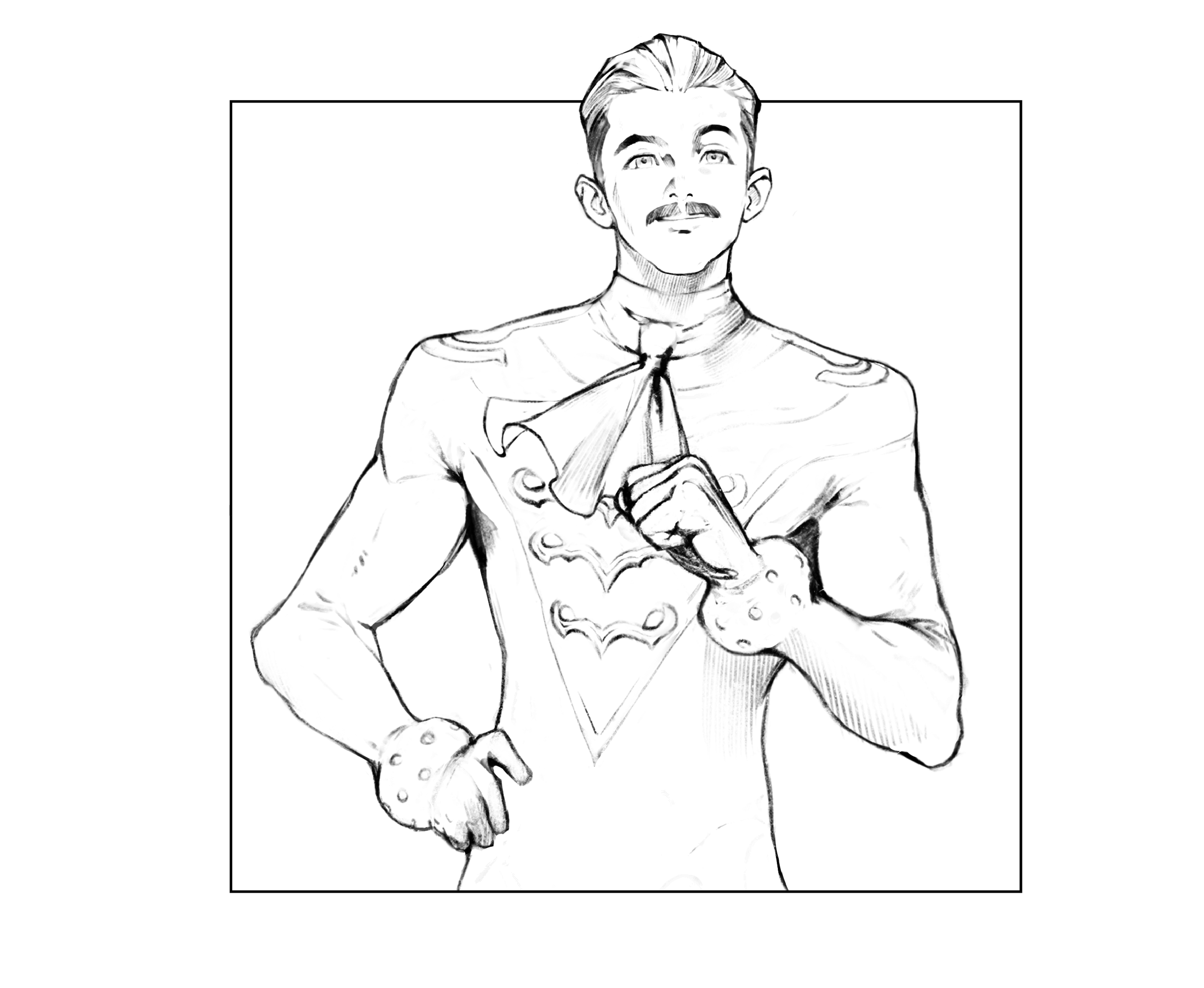 Black and white sketch of a man with a mustache, dressed as a superhero, with one hand on his chest and the other on his hip.