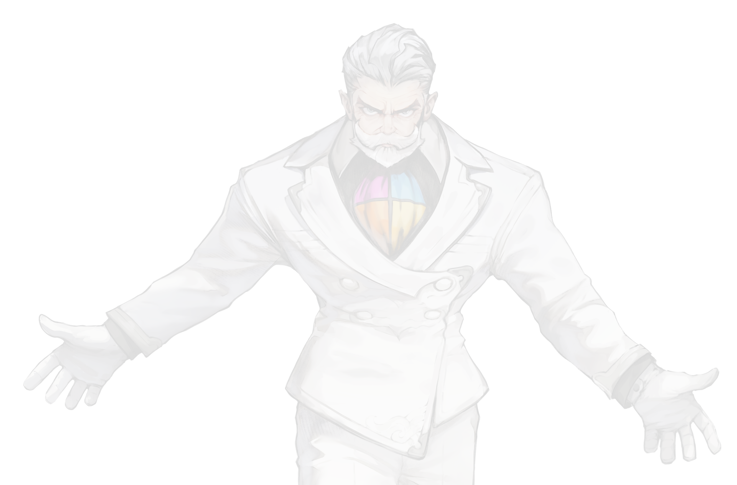 A comic-style illustration of an older man with gray hair and a beard, wearing a white chef's coat with a multicolored rainbow symbol on his chest. He has a stern expression, with arms outstretched and hands open.