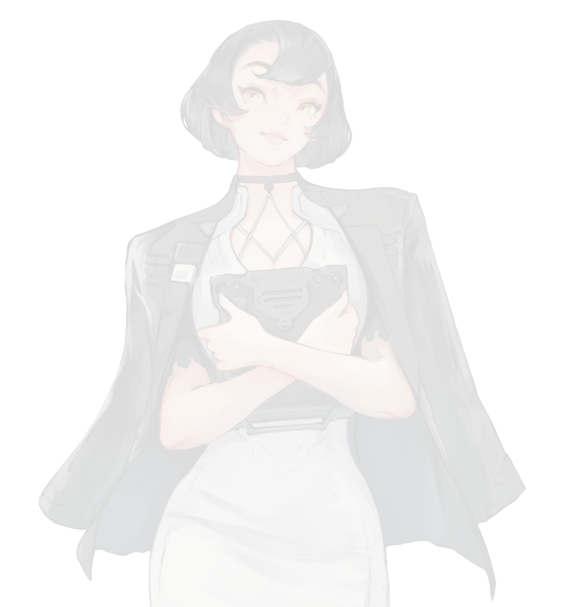 Drawing of a young woman with black hair, yellow eyes, and a confident expression. She holds a device in her hands, wearing a choker, a white dress, and a black jacket.
