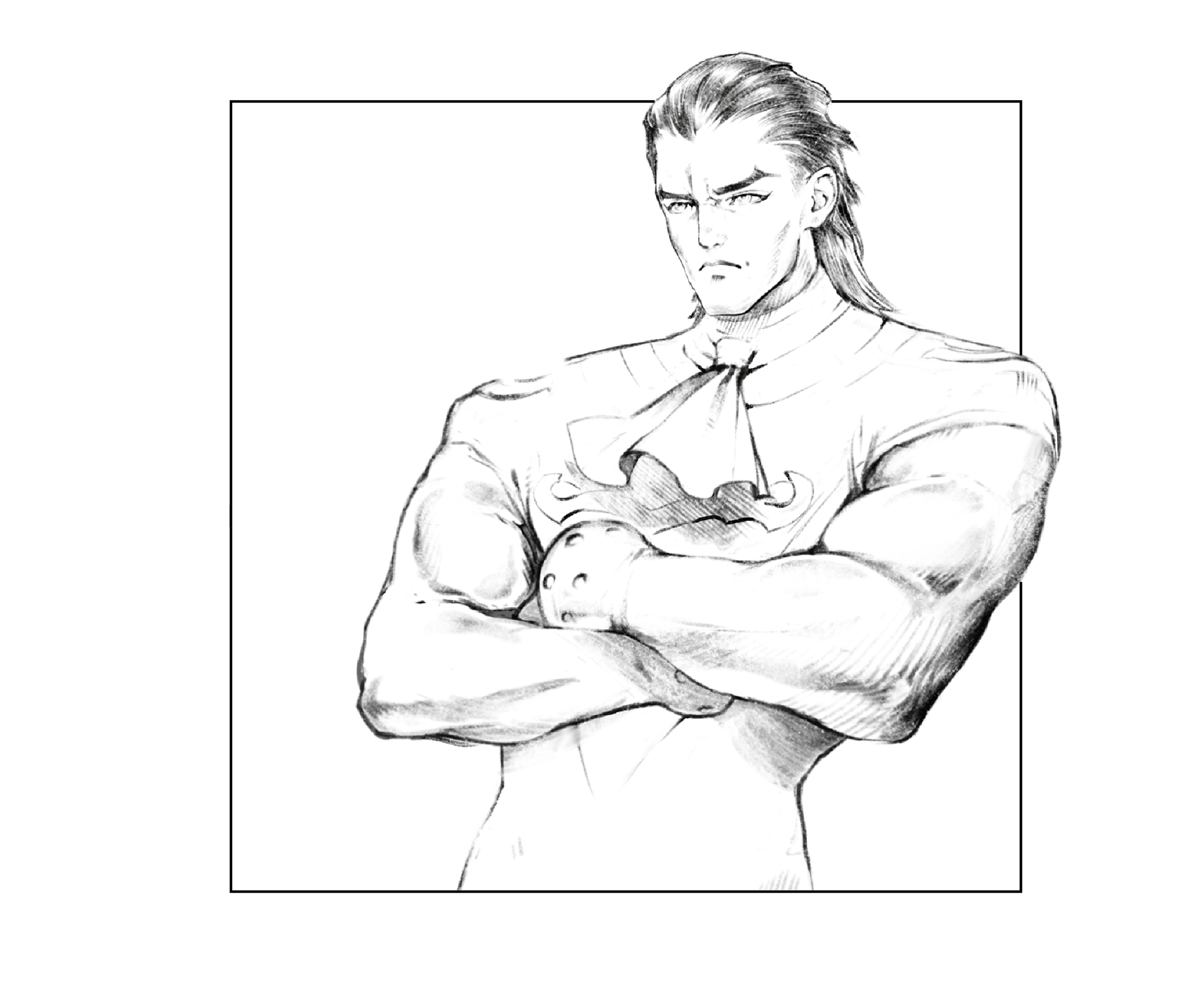 A black and white line drawing of a muscular man with long hair, wearing a superhero costume with a star emblem on chest, crossing his arms and looking serious.