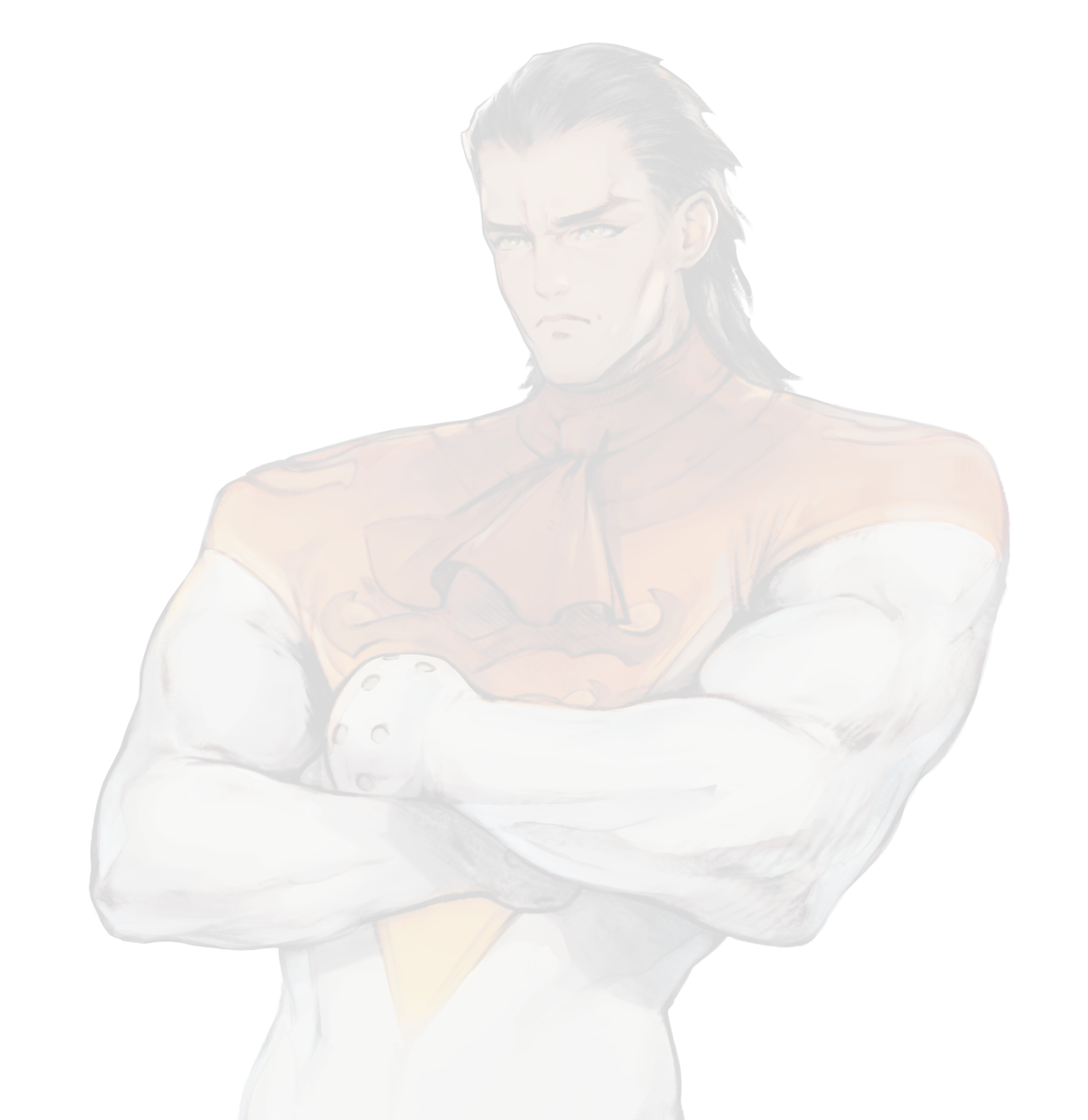 Illustration of a strong, serious-looking man with dark hair, wearing an orange shirt and white armor, crossing his arms.
