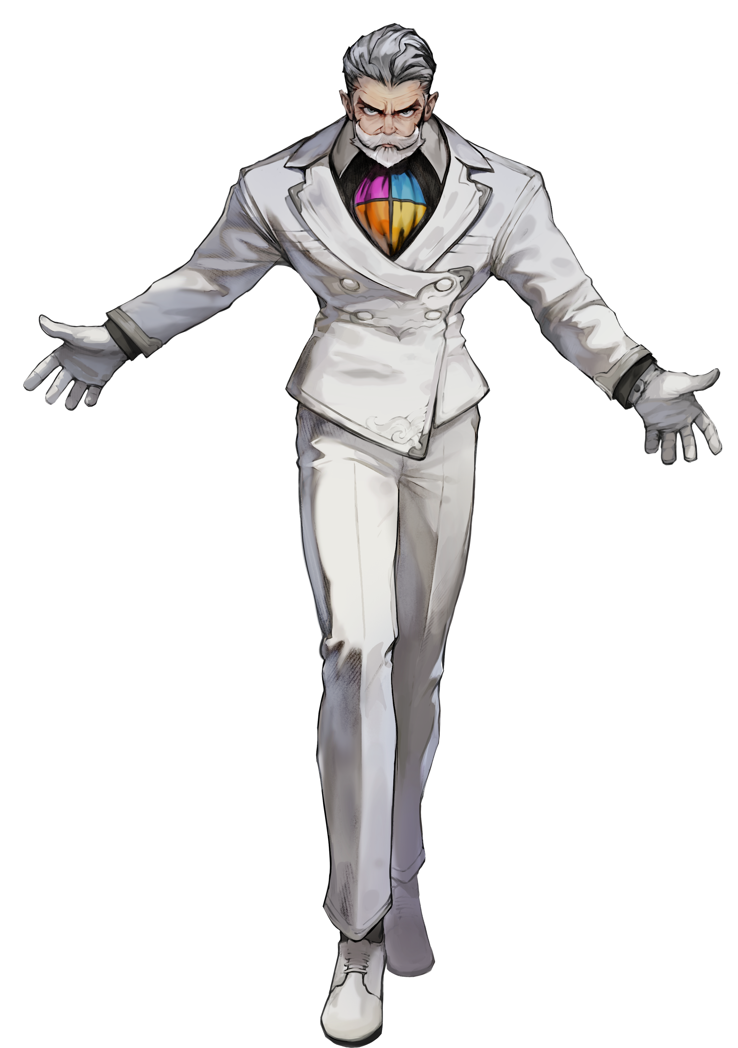 A digitally illustrated man with gray hair and beard walking forward with his arms extended, dressed in a white double-breasted suit with a rainbow-colored shirt underneath.