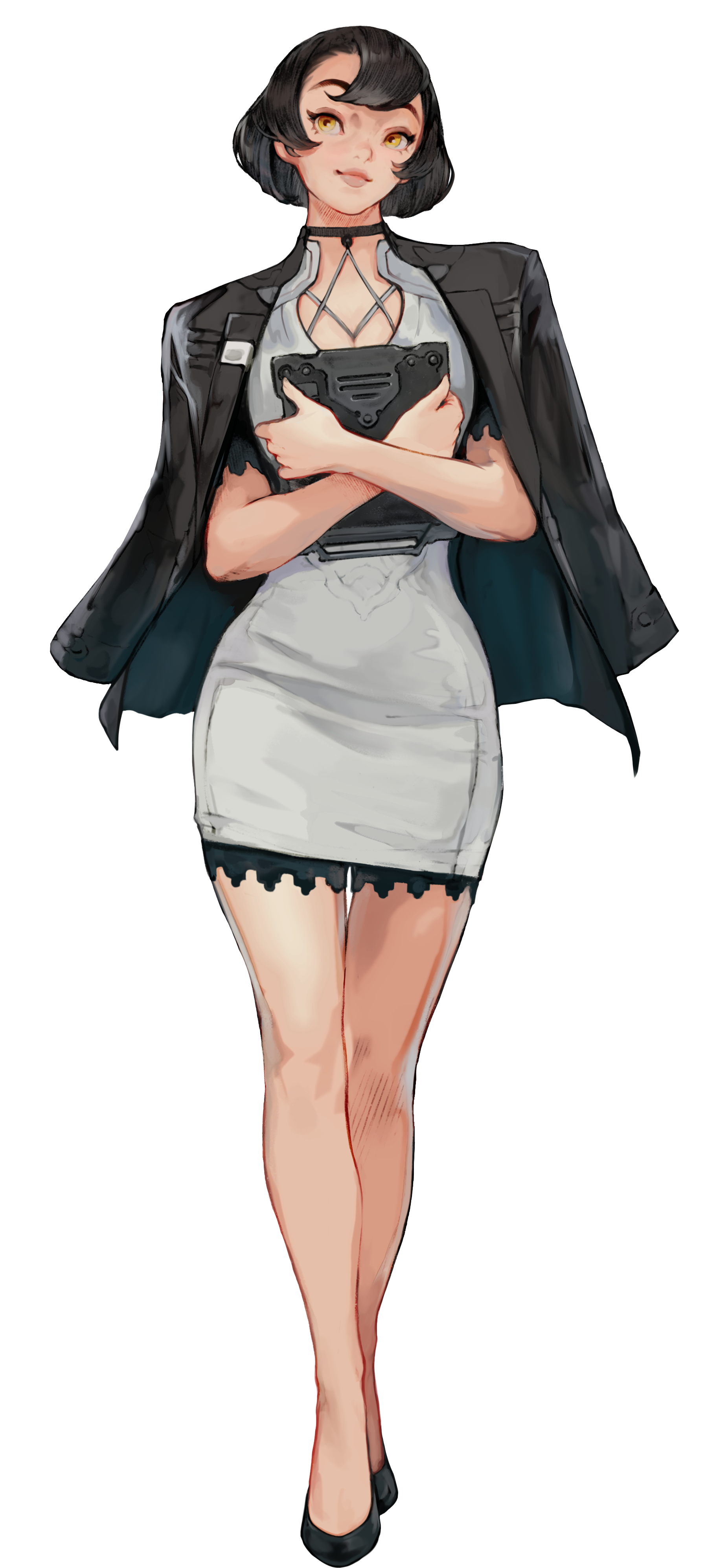 A digital illustration of a woman with short black hair and yellow eyes, dressed in a white dress with black lace trim, black high heels, and a black blazer draped over her shoulders. She is holding a futuristic black device or tablet close to her chest, and wears a choker and a laced top underneath her dress.