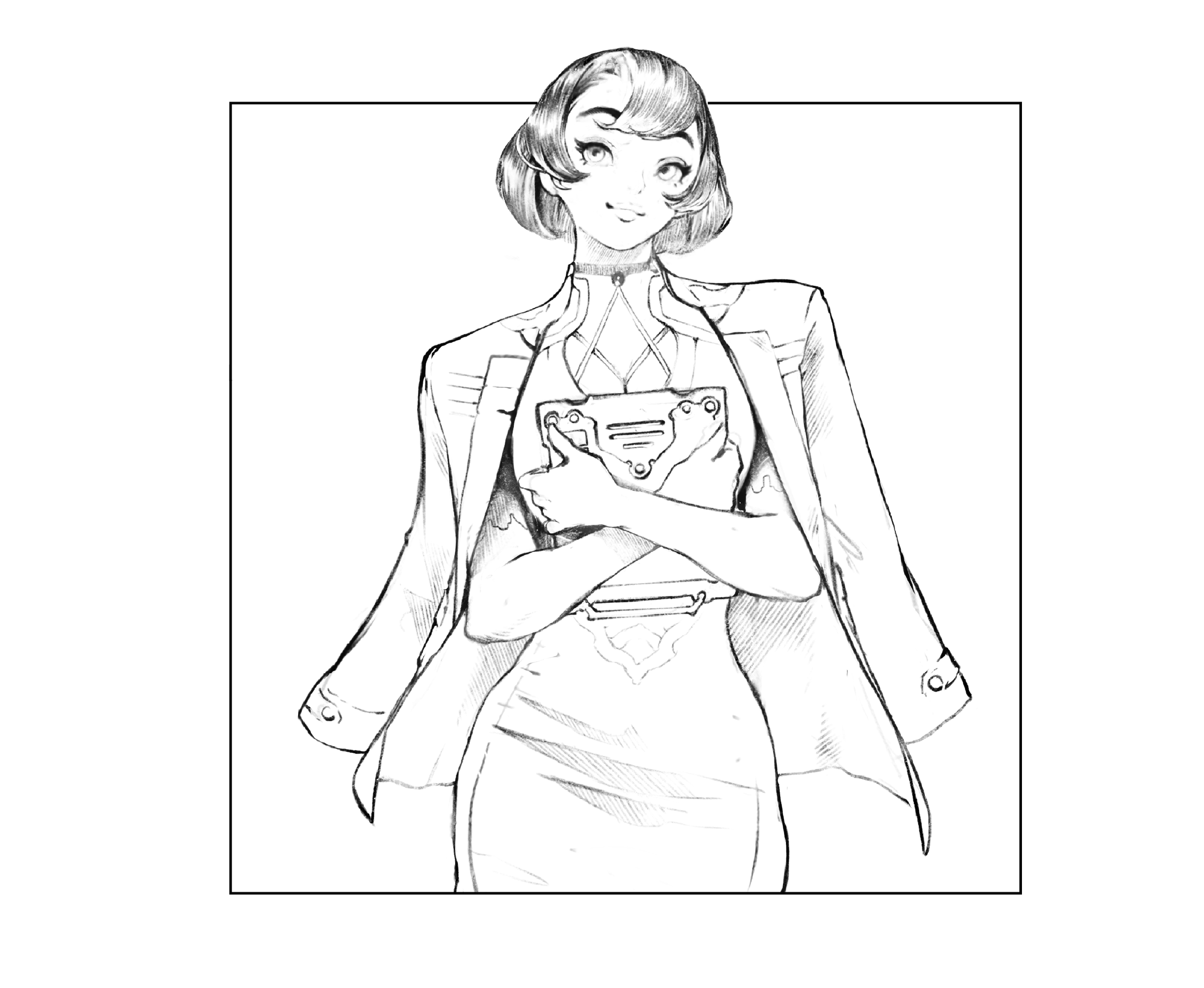 Black and white line drawing of a woman wearing a jacket and a shirt, holding a comic book close to her chest with a confident expression.