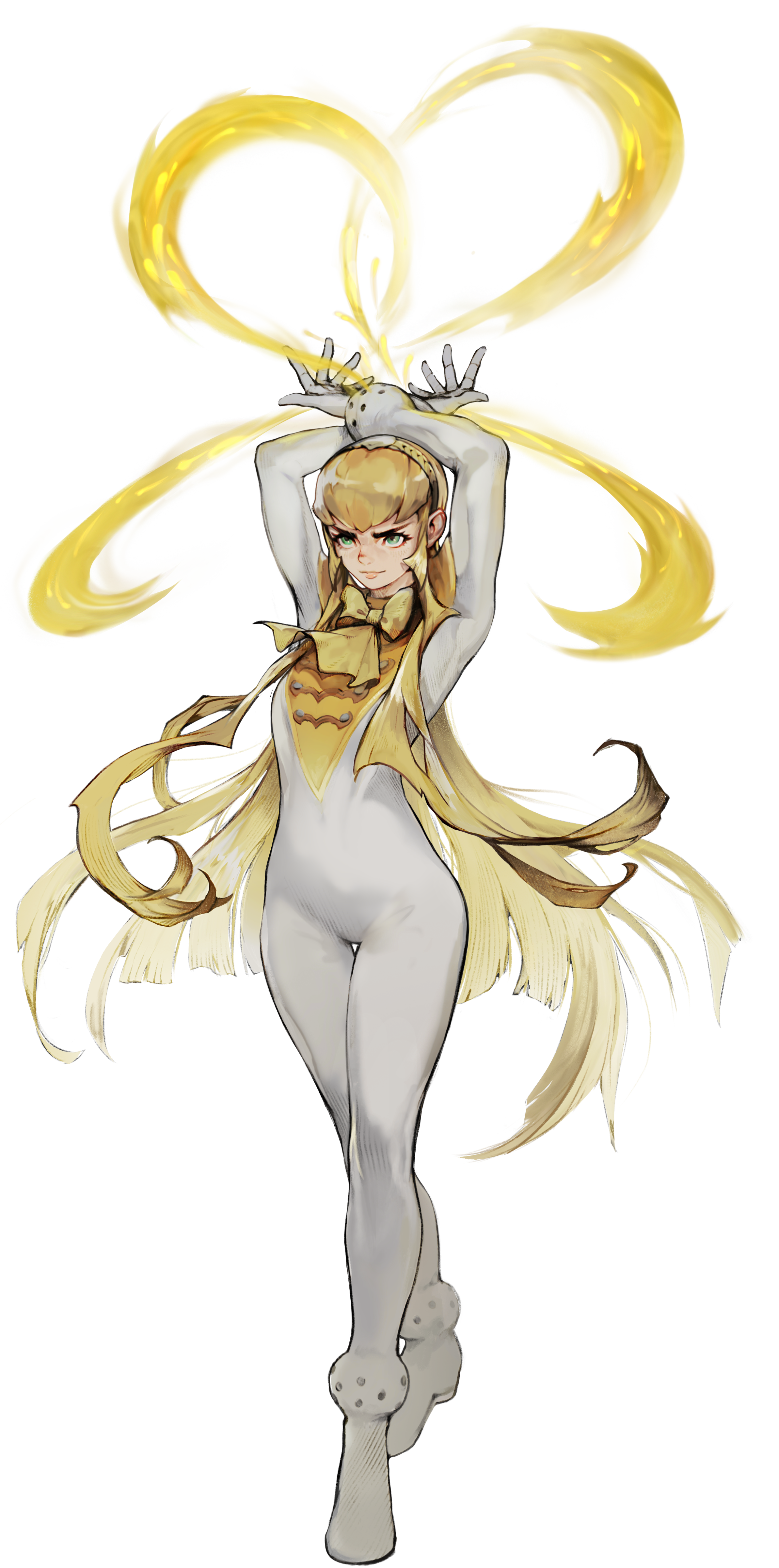 Anime-style female character with long blonde hair, green eyes, and a confident expression, holding a golden whip above her head, dressed in a white and yellow outfit with a bow tie, with fox-like features including a tail and paws.