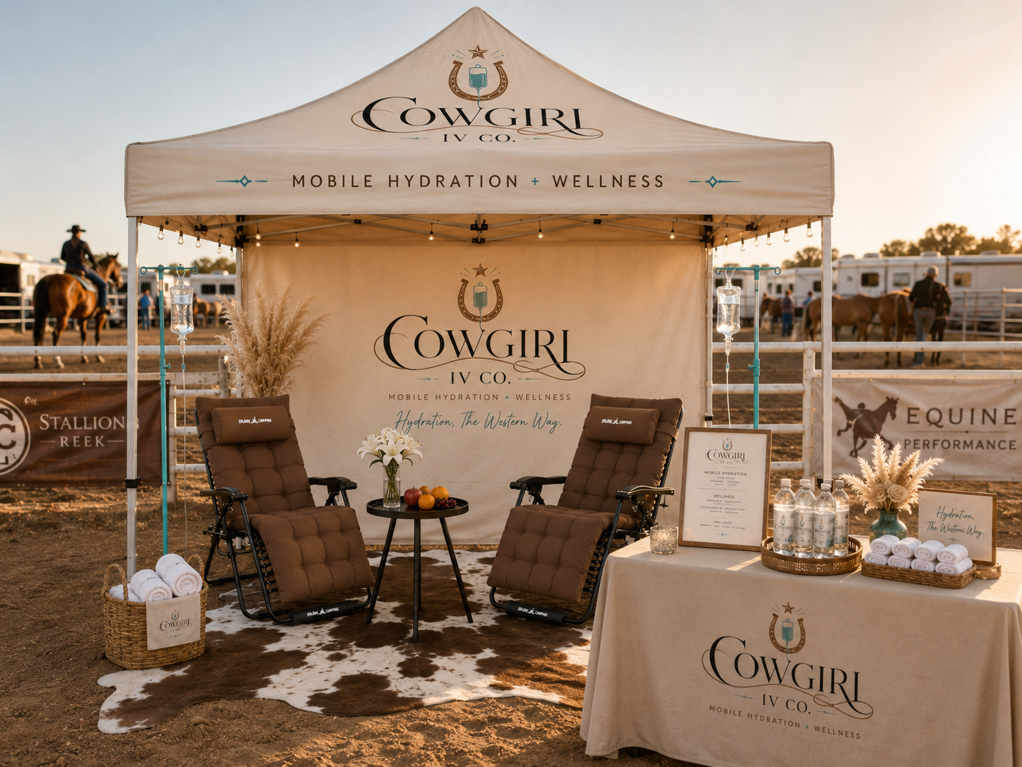 A booth for Cowgirl IV Co., a mobile hydration and wellness service, set up at an outdoor event with two reclining chairs, a small table with flowers and fruit, and water bottles, with horses and people in the background.