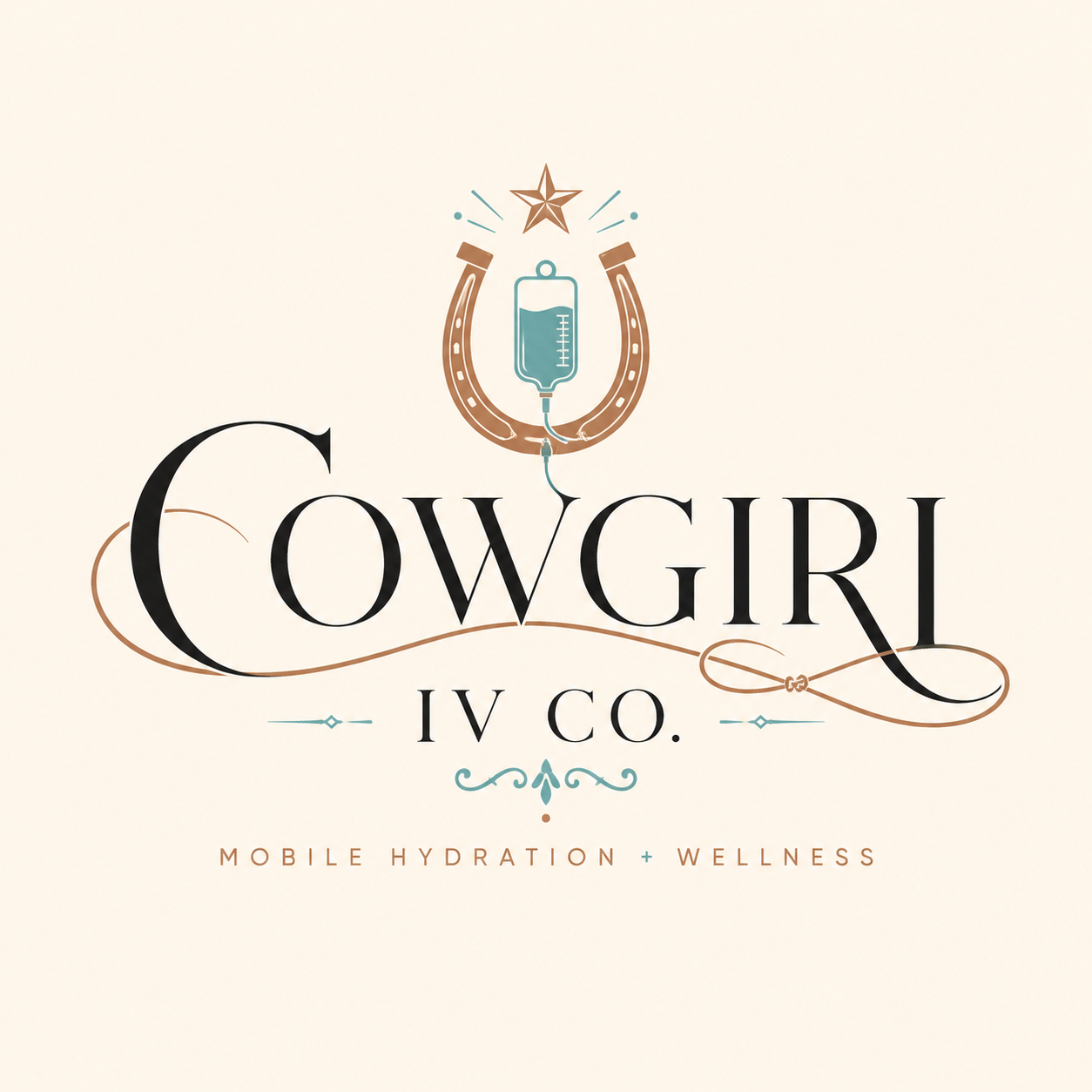 Logo for Cowgirl IV Co., featuring a horseshoe, IV bag, star, and decorative elements, with the text 'Mobile Hydration + Wellness'.