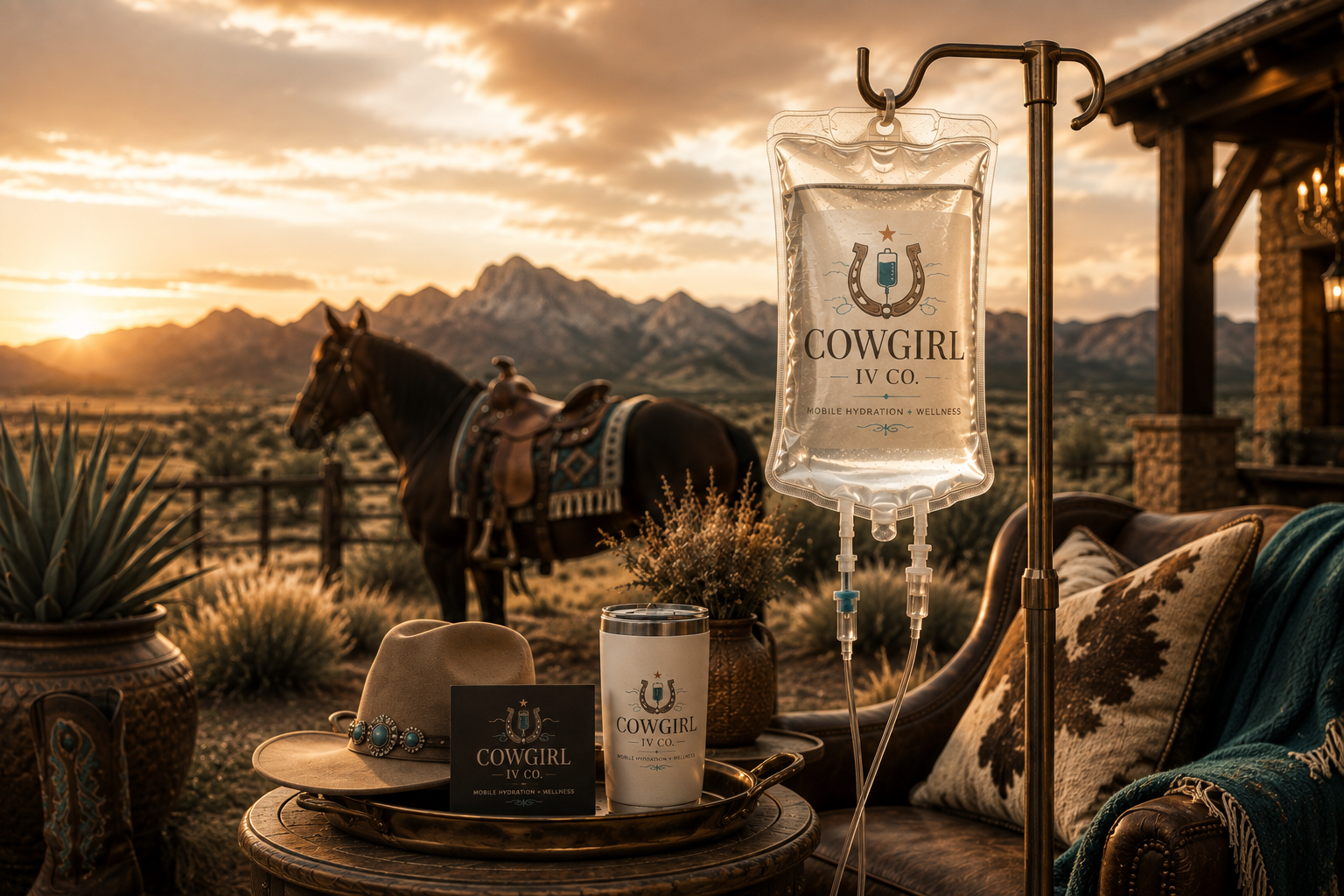 Outdoor scene featuring a saddle-mounted horse in a desert landscape at sunset, with mountains in the background. In the foreground, there is a wicker table holding a branded COWGIRL IV CO. mug, business card, and hat, along with a beige blanket or saddle pad draped on a leather armchair. An IV drip labeled 'COWGIRL IV CO.' is hanging on a stand nearby.