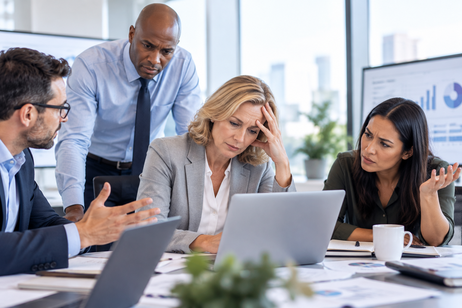 A group of five professionals are having a serious discussion in a modern office, with charts displayed on monitors in the background.