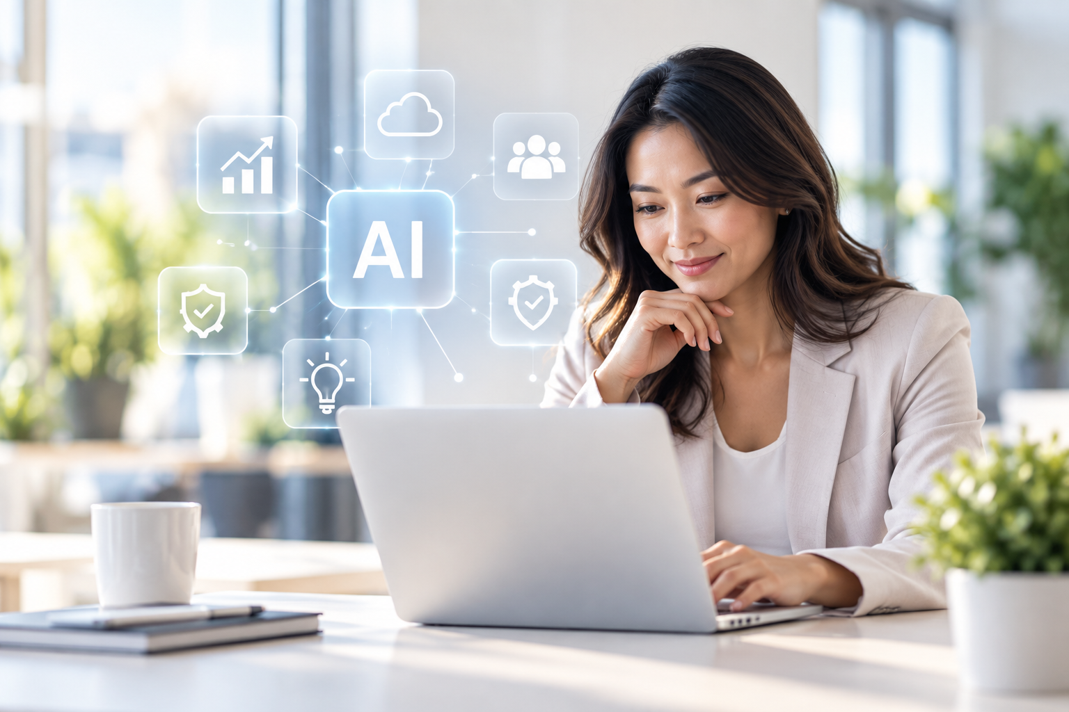 Woman working on laptop with AI-themed digital icons including cloud, shield, lightbulb, and people surrounding her.