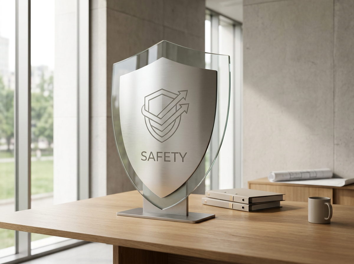 A glass safety shield with a shield and arrows emblem and the word 'SAFETY' printed on it, placed on a wooden desk in an office with large windows.