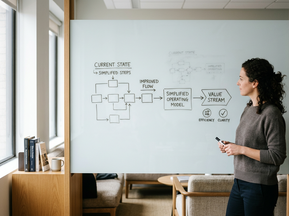 A woman standing in front of a whiteboard with flowchart diagrams and text related to current state, simplified steps, improved flow, and value stream in an office or classroom setting.