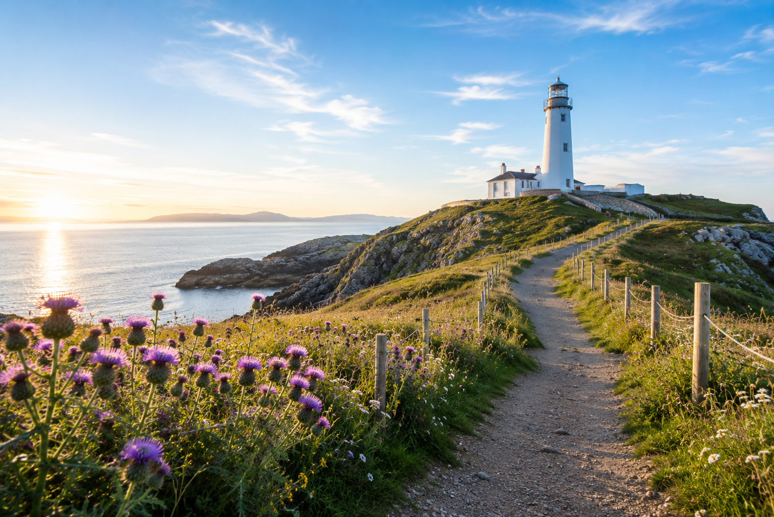 A lighthouse on a grassy hill next to the ocean at sunset, with a dirt path and purple wildflowers in the foreground.
