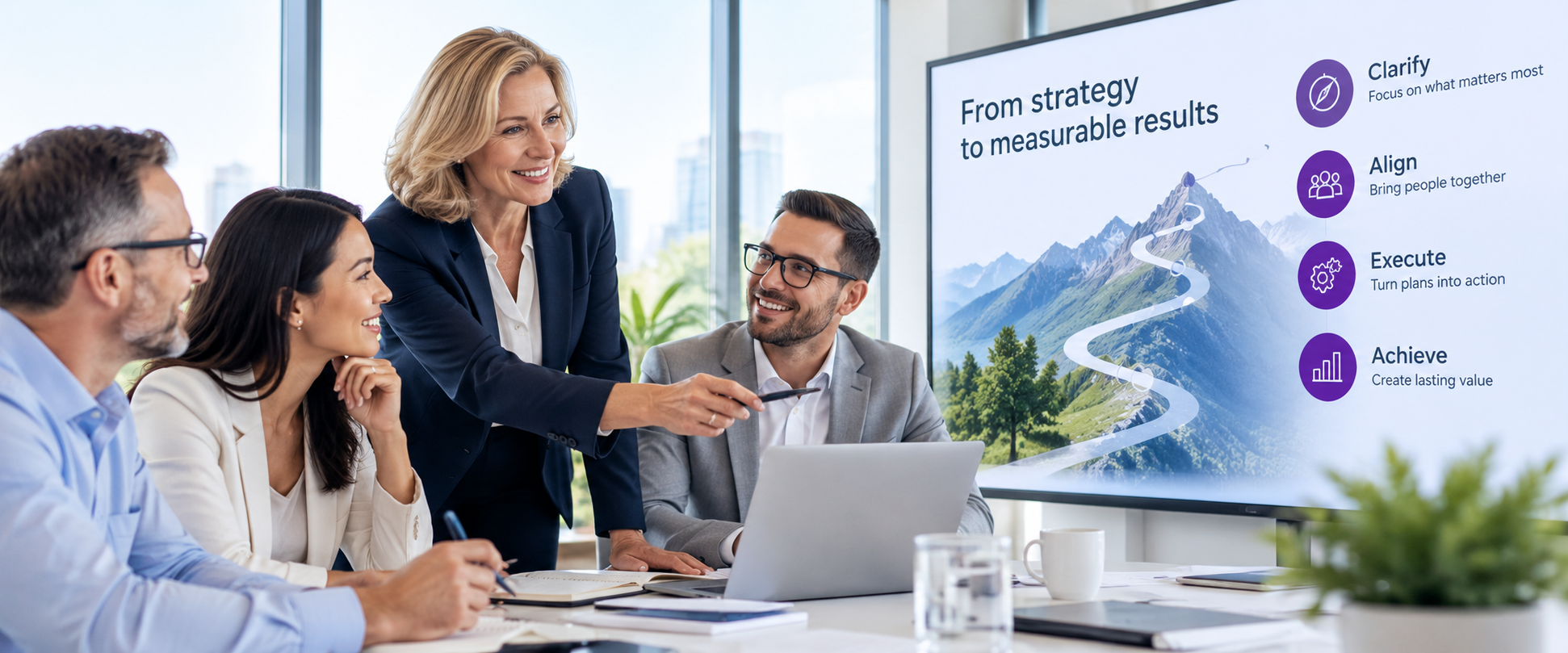 Business meeting with four people discussing strategy in a modern office. A woman in a blazer presents a slide titled 'From strategy to measurable results' on a large screen, displaying four steps: Clarify, Align, Execute, Achieve. Three people are listening, smiling, and taking notes.