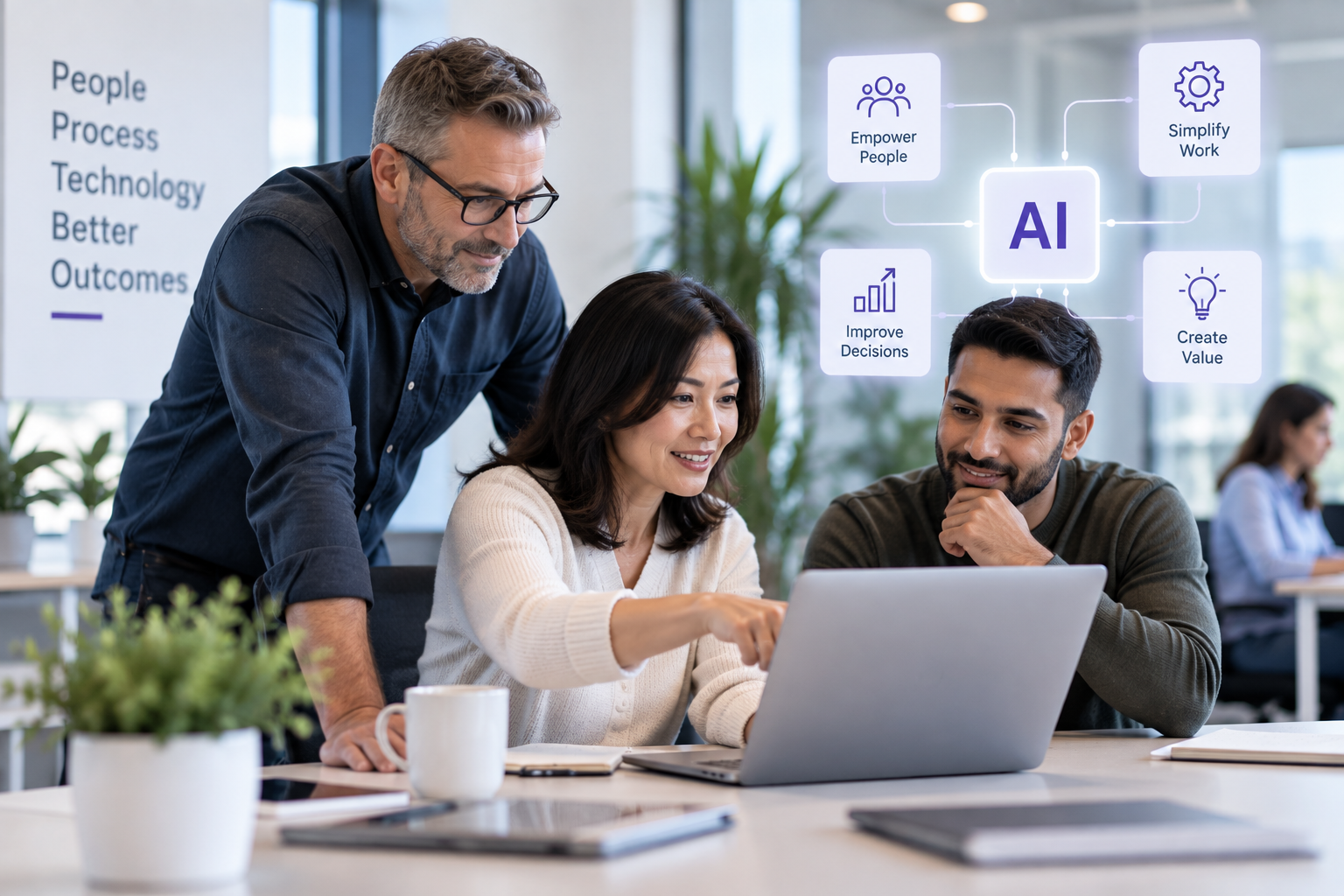 Three colleagues working together on a laptop in a modern office with an AI concept graphic overlay and a poster listing benefits like empowering people, improving decisions, simplifying work, and creating value.