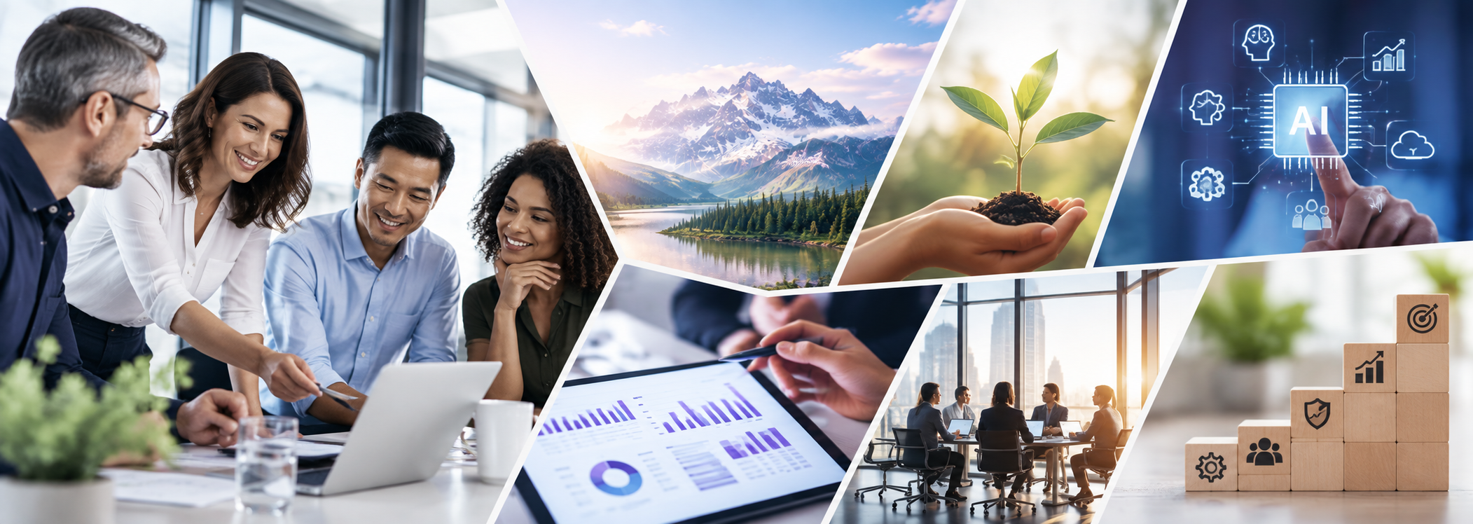 Collage of images showing diverse groups of people working in an office, natural landscapes, a small plant seedling, artificial intelligence technology interface, and progress charts with growth arrows.