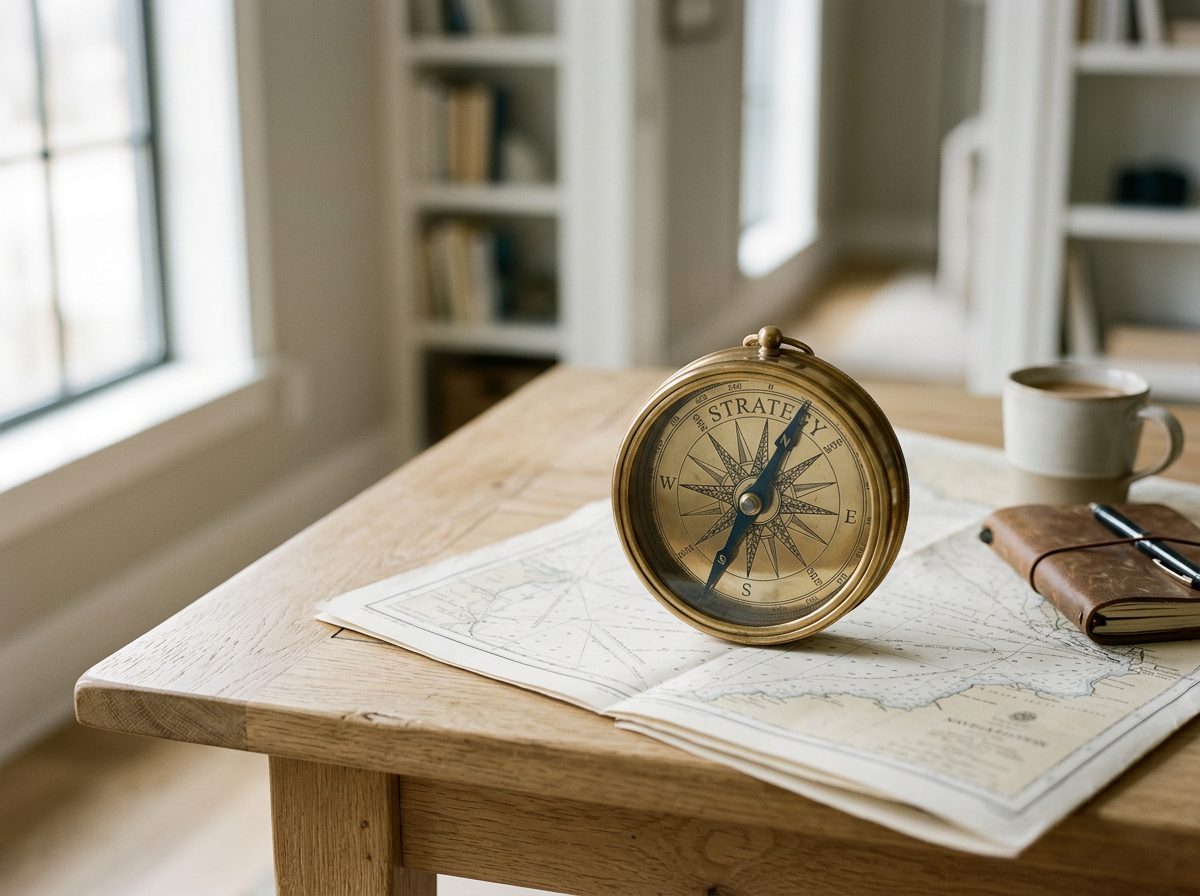 A vintage compass, a map, a notebook, a pen, a coffee mug, and books on a wooden table in a cozy room with natural light.