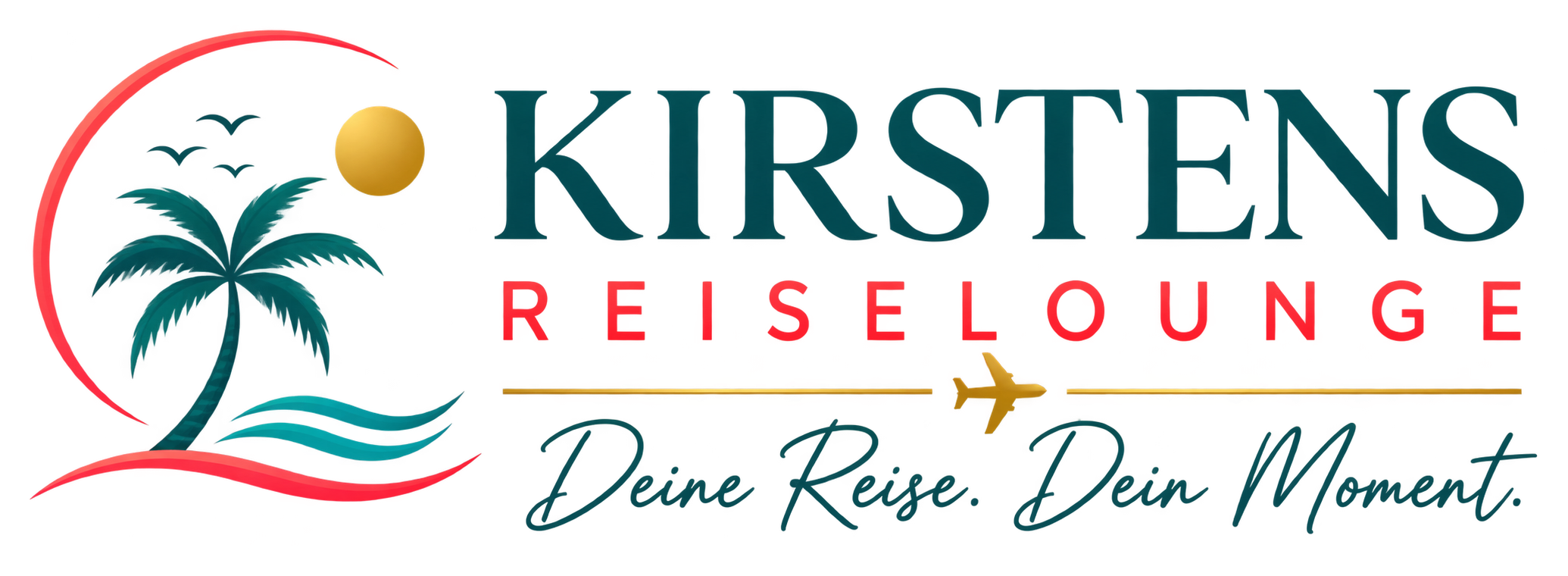 Das Logo zeigt einen Sonnenuntergang im Hintergrund, eine Palme im Vordergrund, das Meer und einen Flugzeug abenteuerlicher Schriftzug, der Titel 'Kirsten Reise' und den Slogan 'Deine Reise. Dein Moment.'