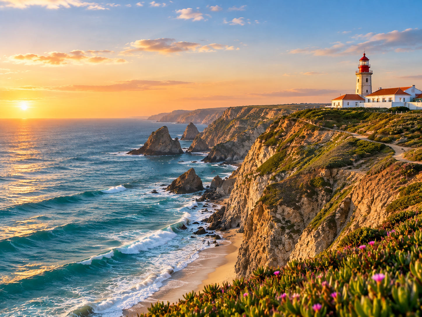 Ein Leuchtturm an einer felsigen Küste bei Sonnenuntergang, mit Wellen, die auf den Strand schlagen, und blühendem Heidekraut im Vordergrund.