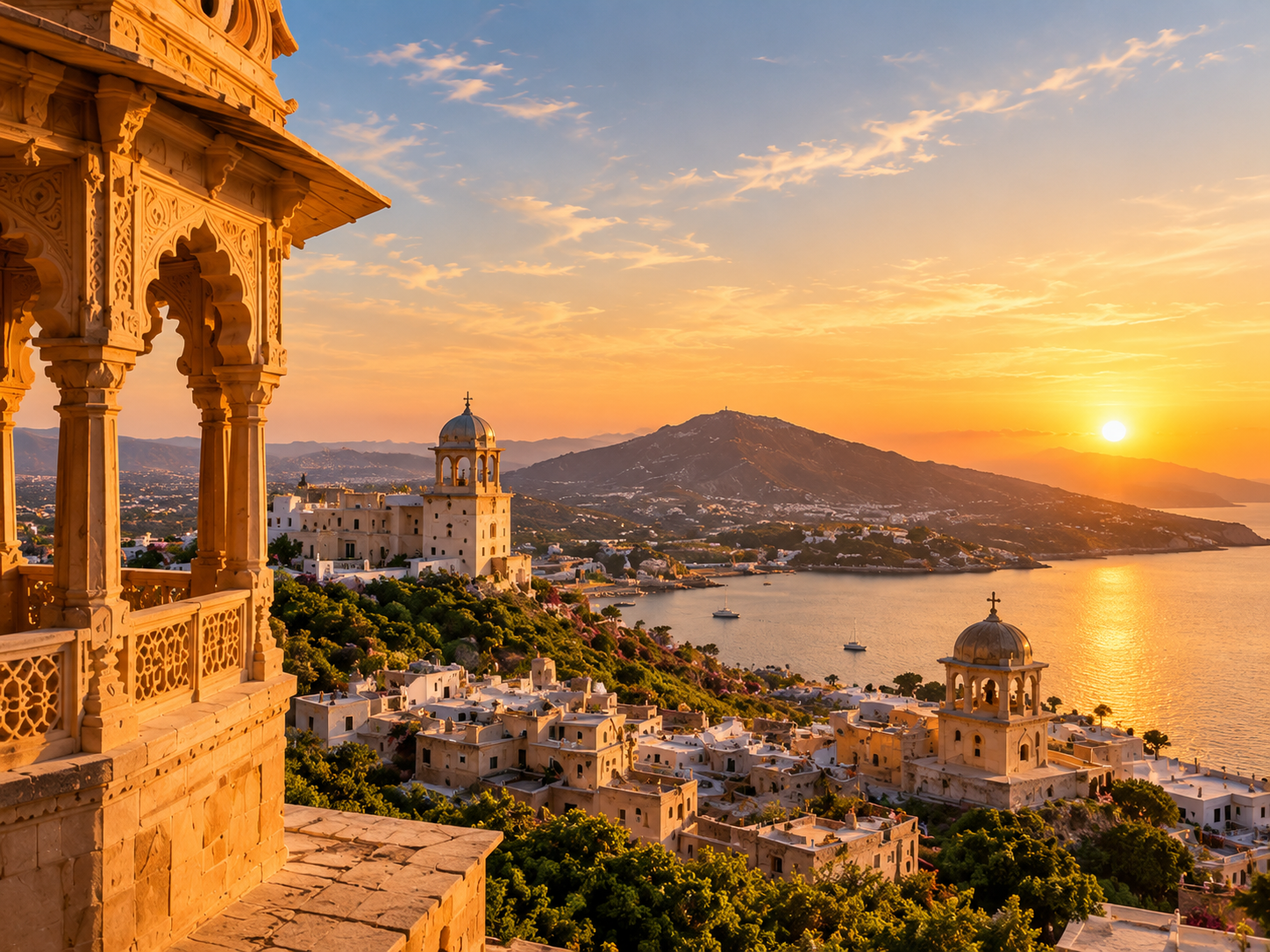 Blick von einer Veranda auf eine Küstenstadt bei Sonnenuntergang, mit weißen Gebäuden, Türmen und Bergen im Hintergrund, am Wasser mit Booten.