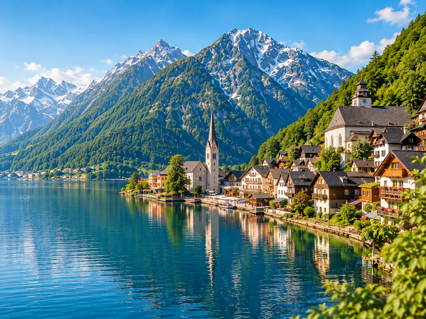 Ein malerisches Dorf am Ufer eines Sees, umgeben von grünen Bergen mit Schneekappen, mit einer Kirche im Zentrum und traditionellen Häusern entlang des Wassers, sonniger Himmel mit einigen Wolken.