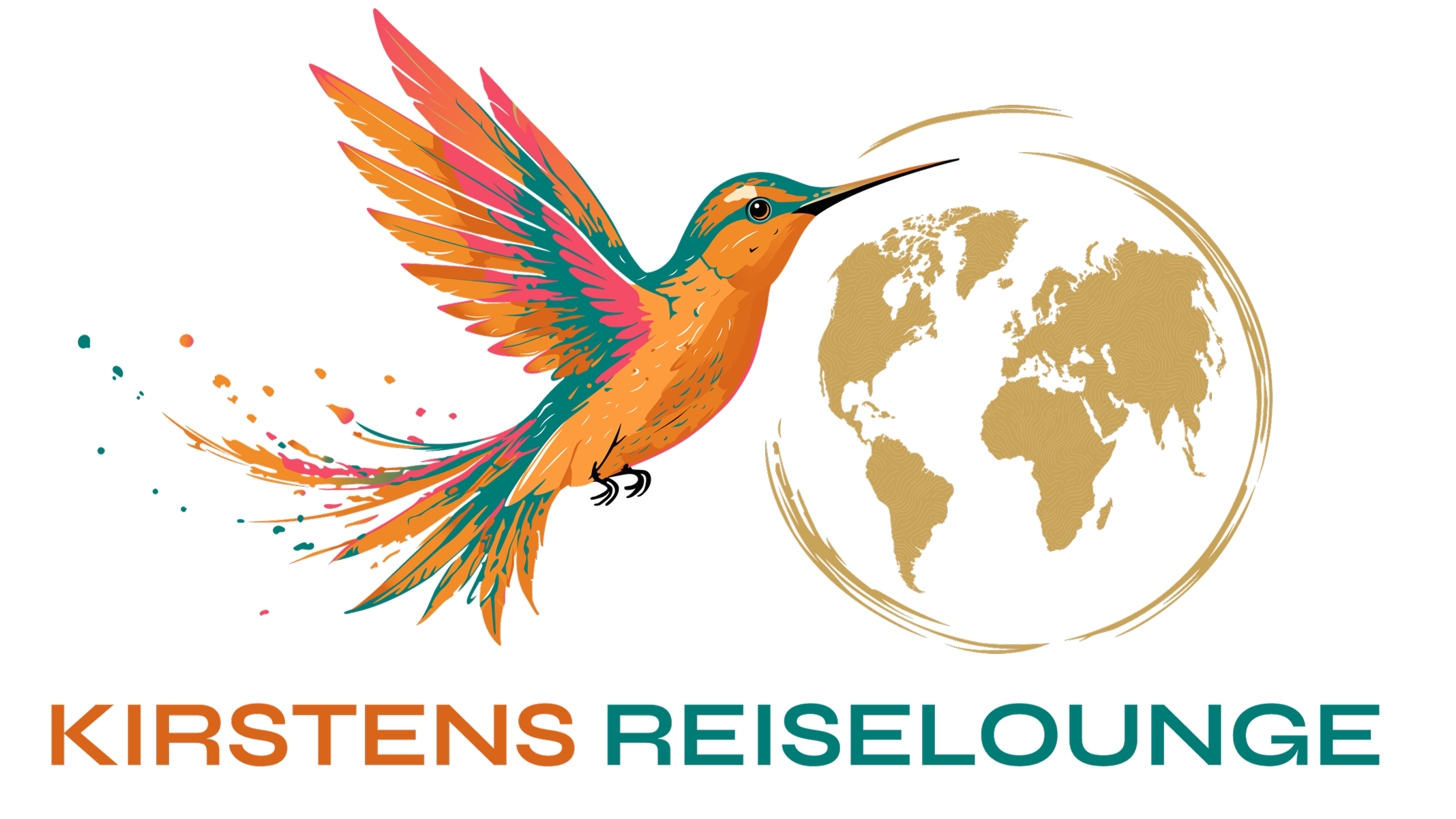 Bunter Kolibri vor einer stilisierten Weltkarte, mit dem Text ’Kirstens Reselounge’ darunter.