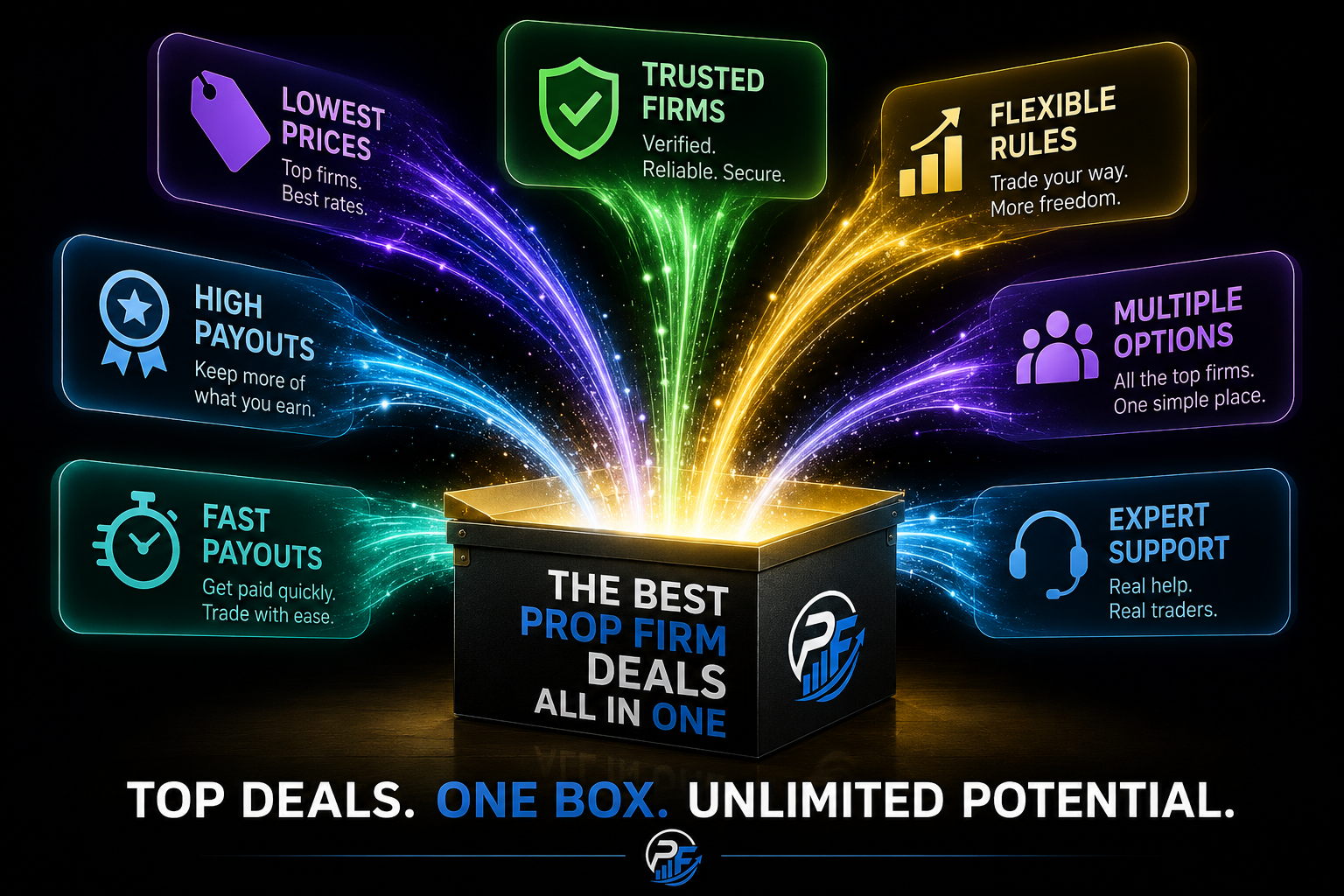 A promotional graphic featuring a black box with a logo, with colorful light streams bursting out. Text bubbles highlight features like lowest prices, trusted firms, flexible rules, multiple options, high payouts, fast payouts, and expert support. The text at the bottom reads "Top Deals. One Box. Unlimited Potential."
