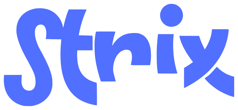 The word 'Strix' written in bold blue, stylized font with a playful, informal appearance.