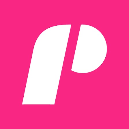 White stylized letter 'P' on a pink background.