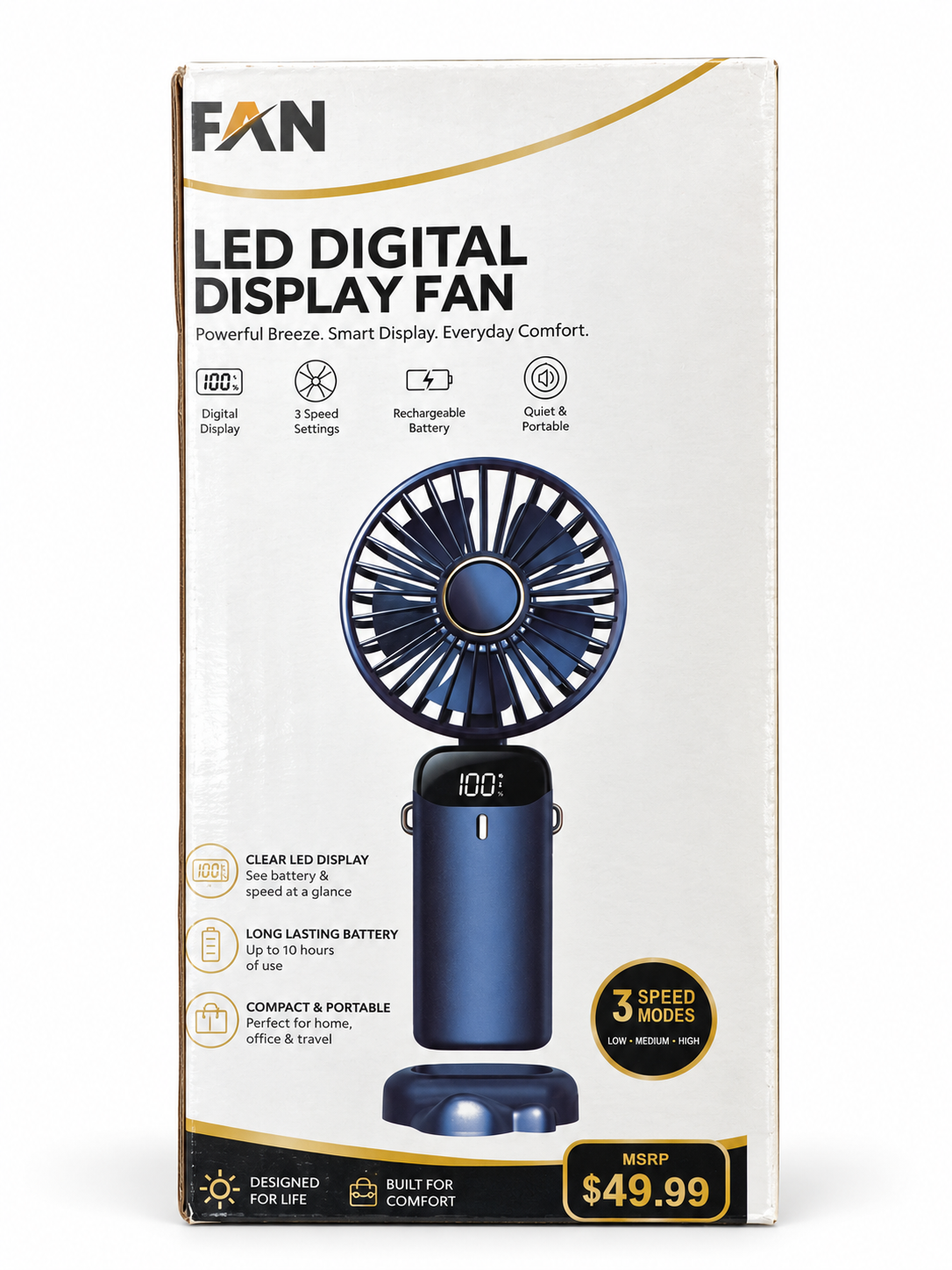 Rechargeable Handheld Fan with LED Display – Navy Blue