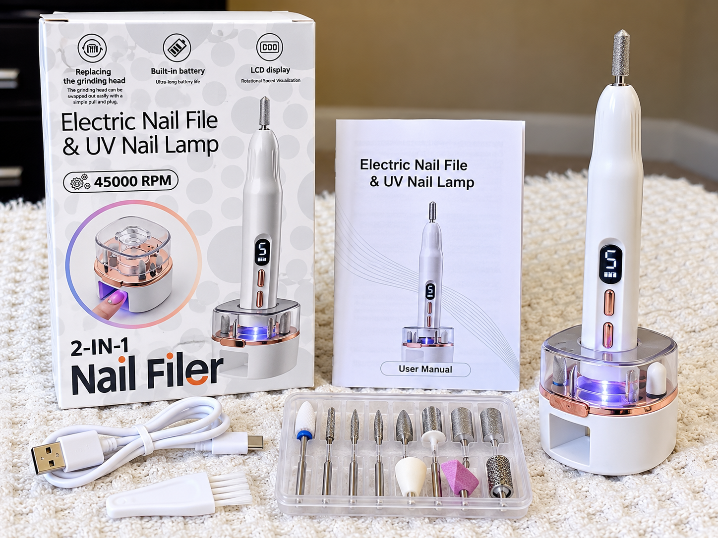 2-in-1 Electric Nail File & UV Nail Lamp – 45,000 RPM