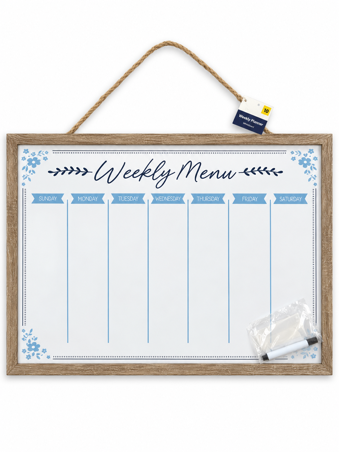 Framed Weekly Menu Dry-Erase Board – Blue Floral