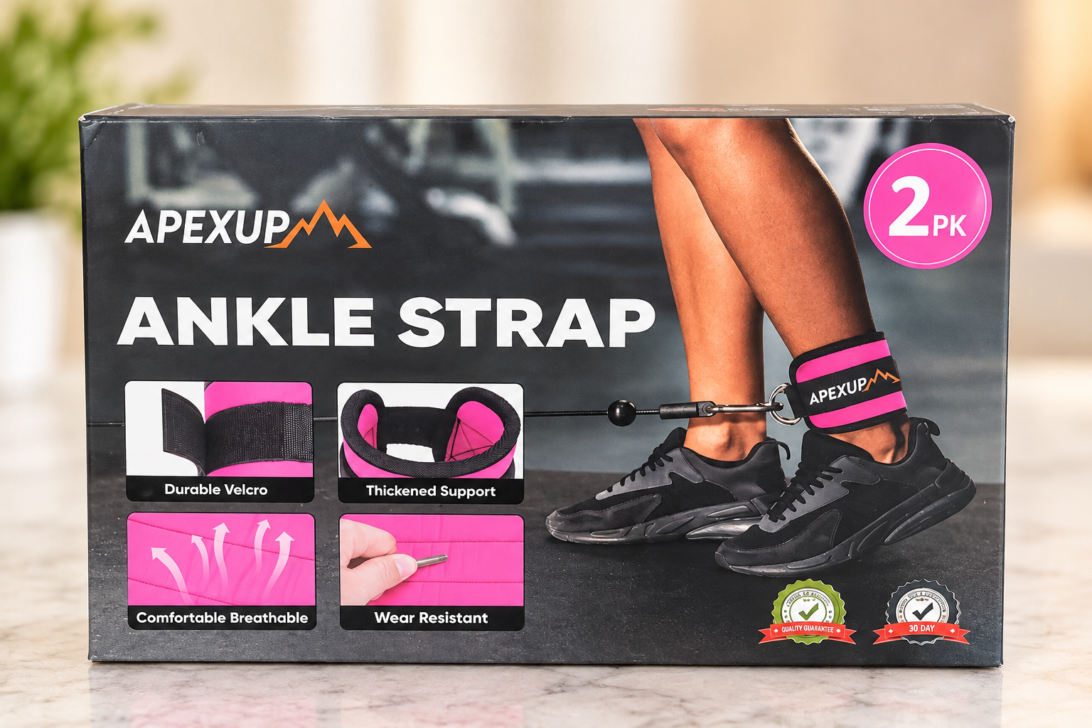APEXUP Cable Machine Ankle Straps – 2 Pack, Black/Pink