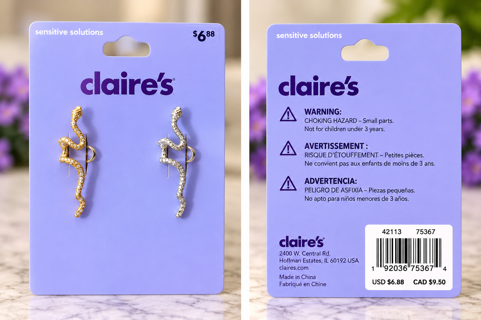 Claire’s Sensitive Solutions Snake Earrings – Mixed Metal Pair