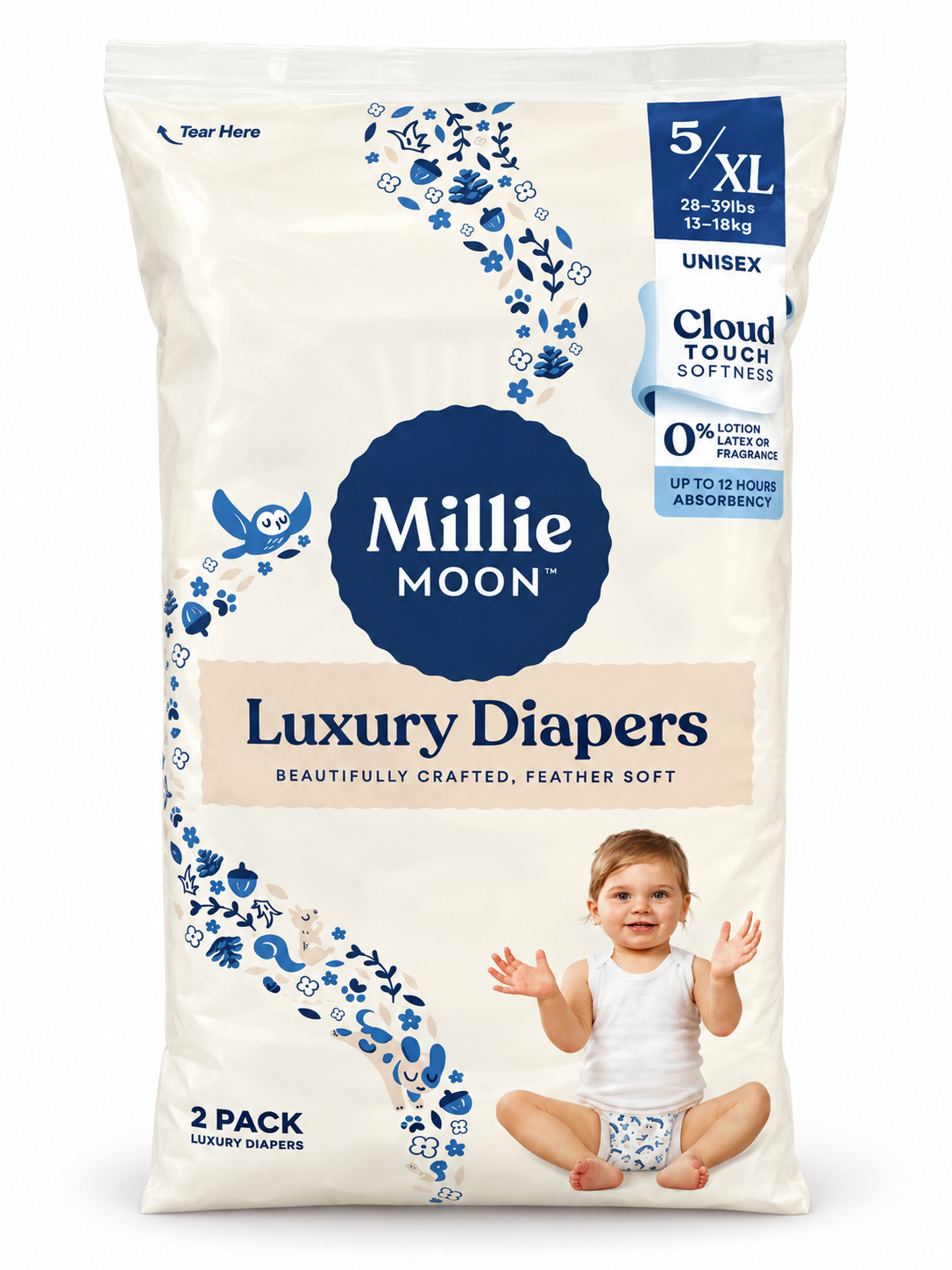 Millie Moon Luxury Diapers – Size 5/XL, 2-Pack, 28–39 lbs