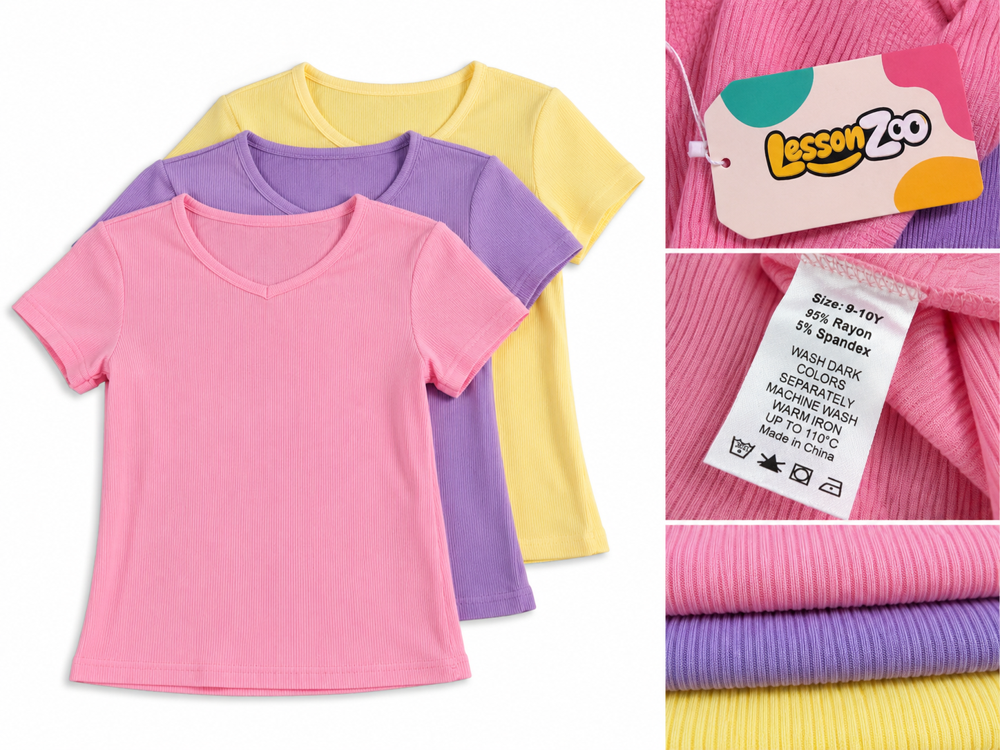 LessonZoo Girls' Ribbed Short Sleeve Tops – 3 Pack – Pink, Lavender & Yellow – Size 8–10Y
