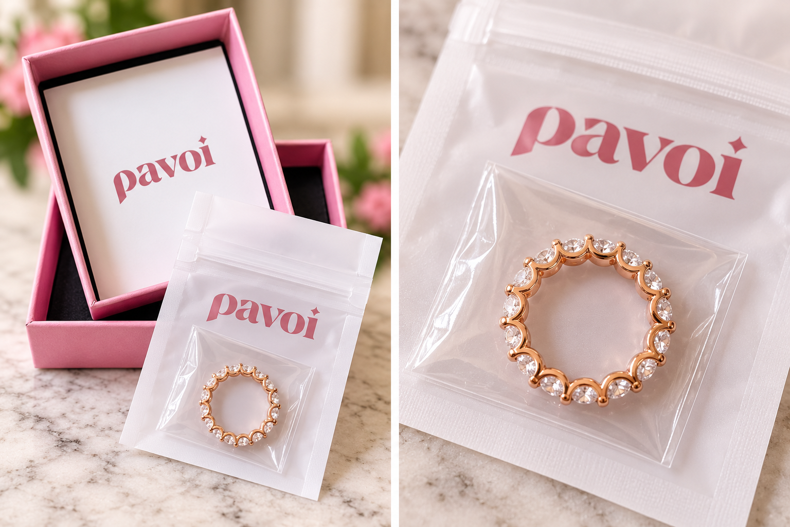 A rose gold hoop ring with clear gemstones inside a plastic bag with the brand name 'pavoi' printed on it, placed on a marble surface. The ring is shown both outside and inside the bag.