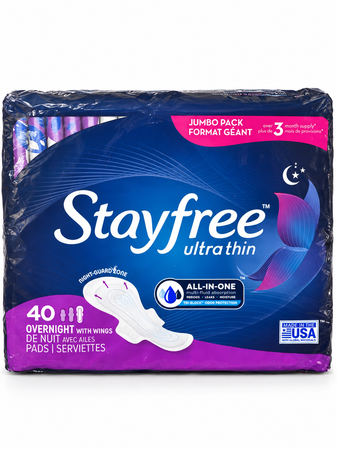 Stayfree Ultra Thin Overnight Pads with Wings – Unscented, 40 Count
