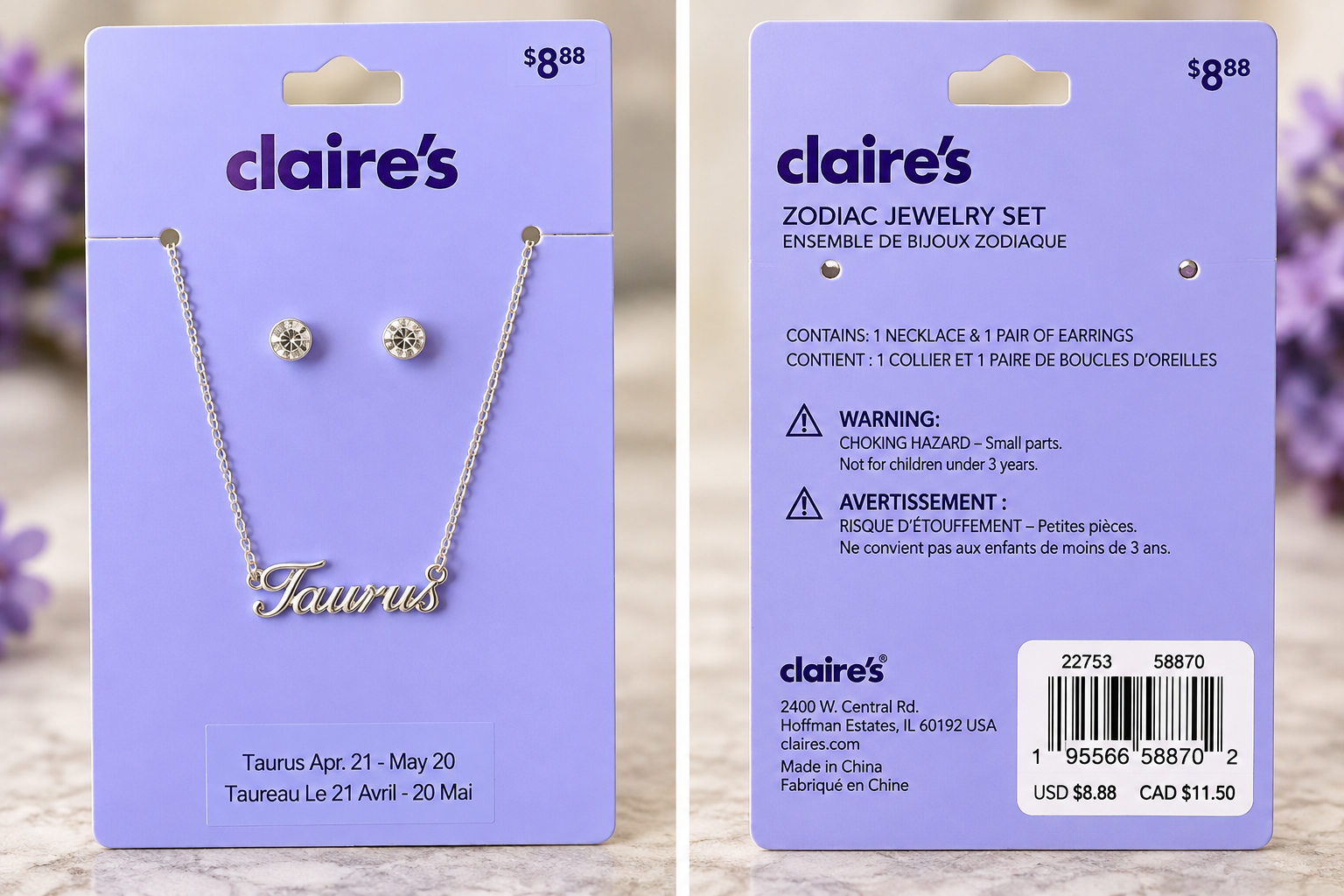 Claire’s Taurus Zodiac Necklace & Earring Set