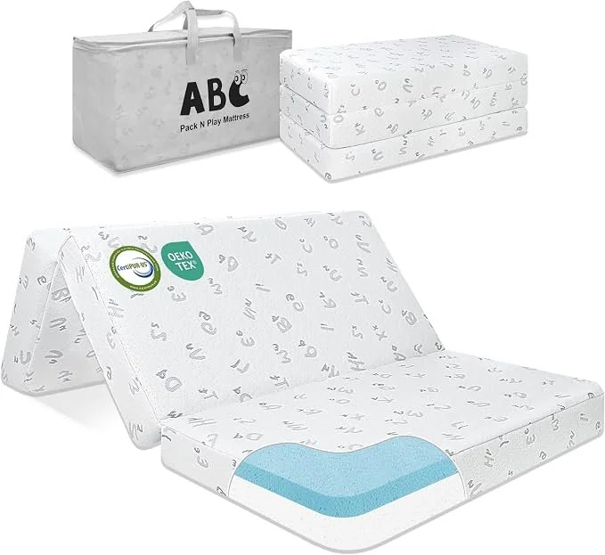 Tri-Fold Pack n Play Mattress – White & Gray